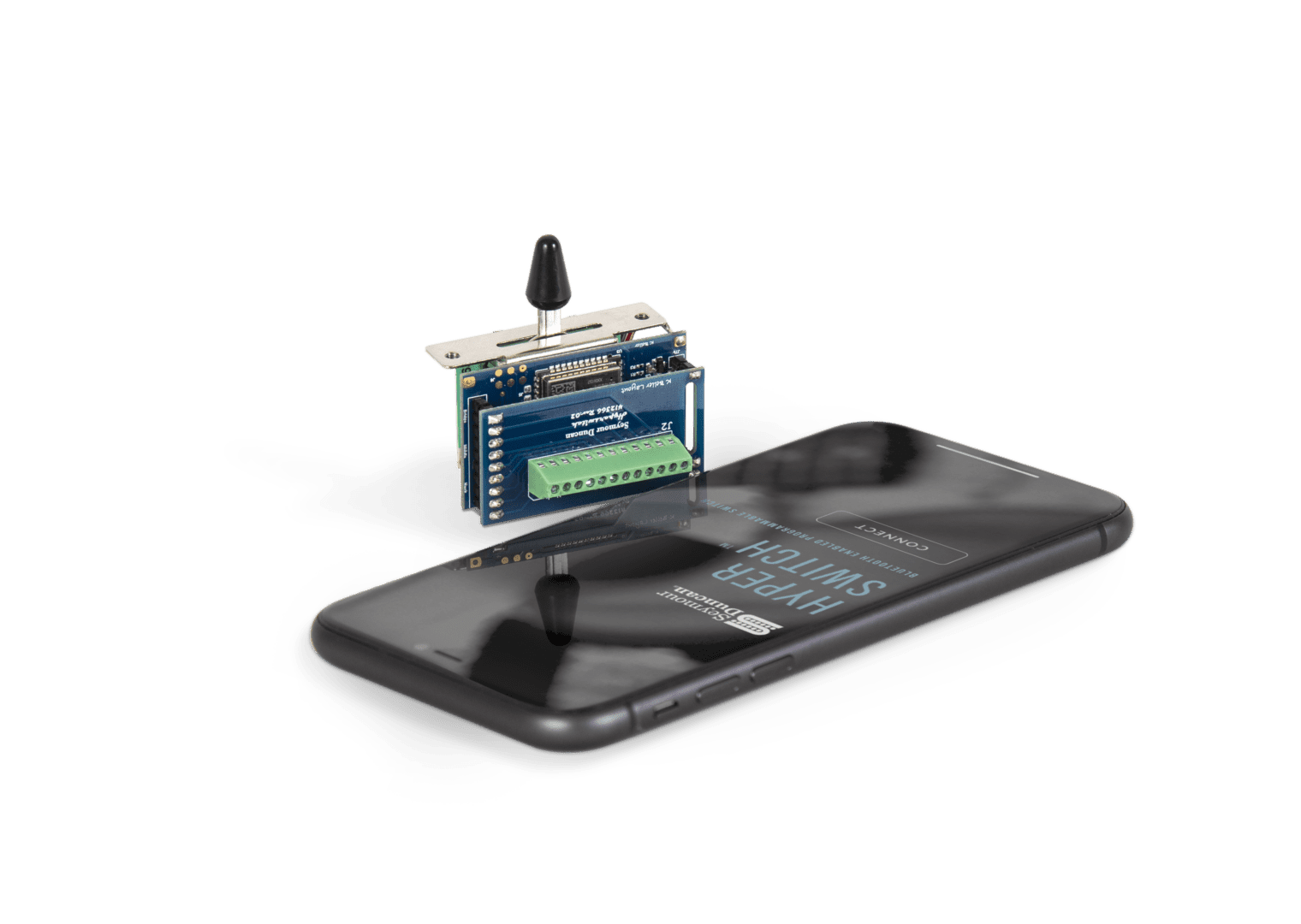 Seymour Duncan HyperSwitch BT 5-way switch displayed on a smartphone showcasing innovative guitar controls
