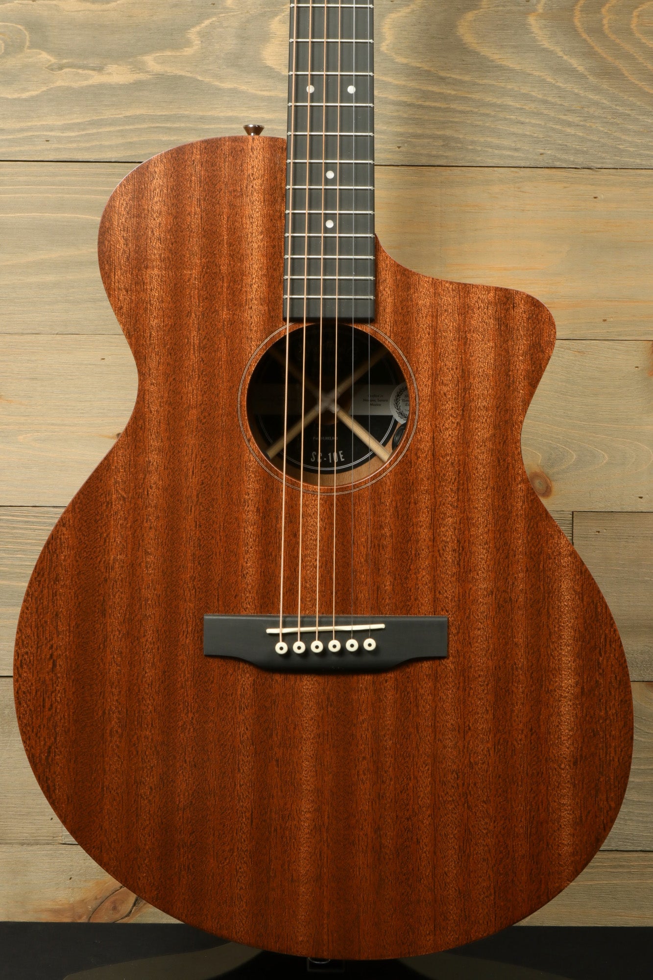 Front view of the Martin SC-10E-02 Satin with an emphasis on the cutaway body style for easy high note access.