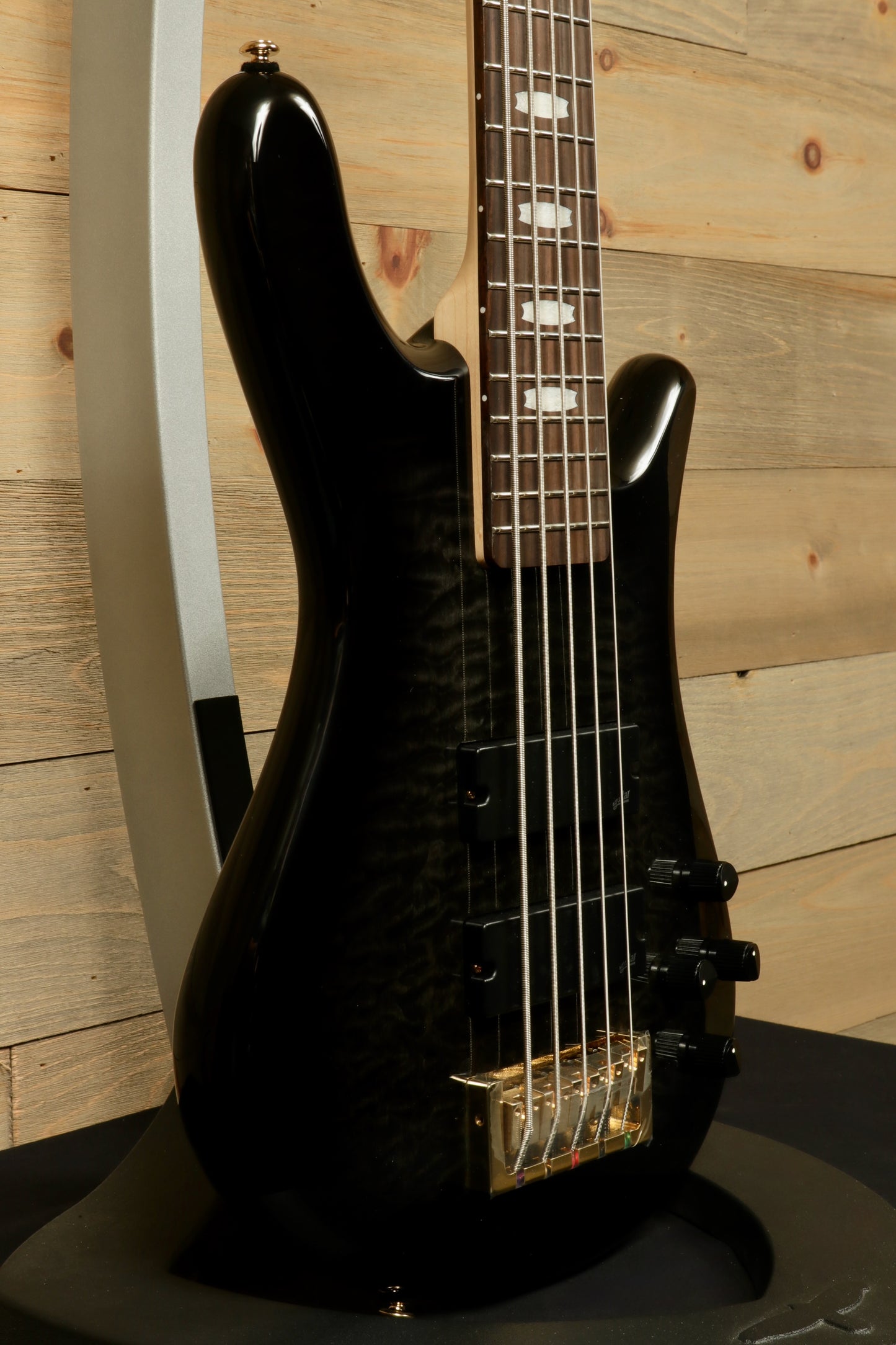 Spector Icon NS-5 5-string Electric Bass Guitar - Black Stain Gloss, front view showcasing body and neck