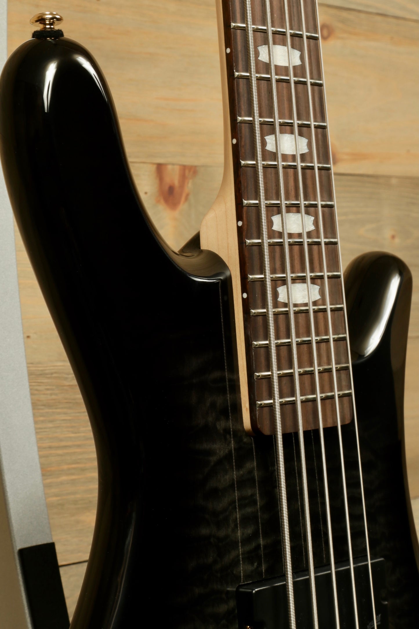 Spector Icon NS-5 5-string Electric Bass Guitar - Black Stain Gloss, close-up view of neck and body