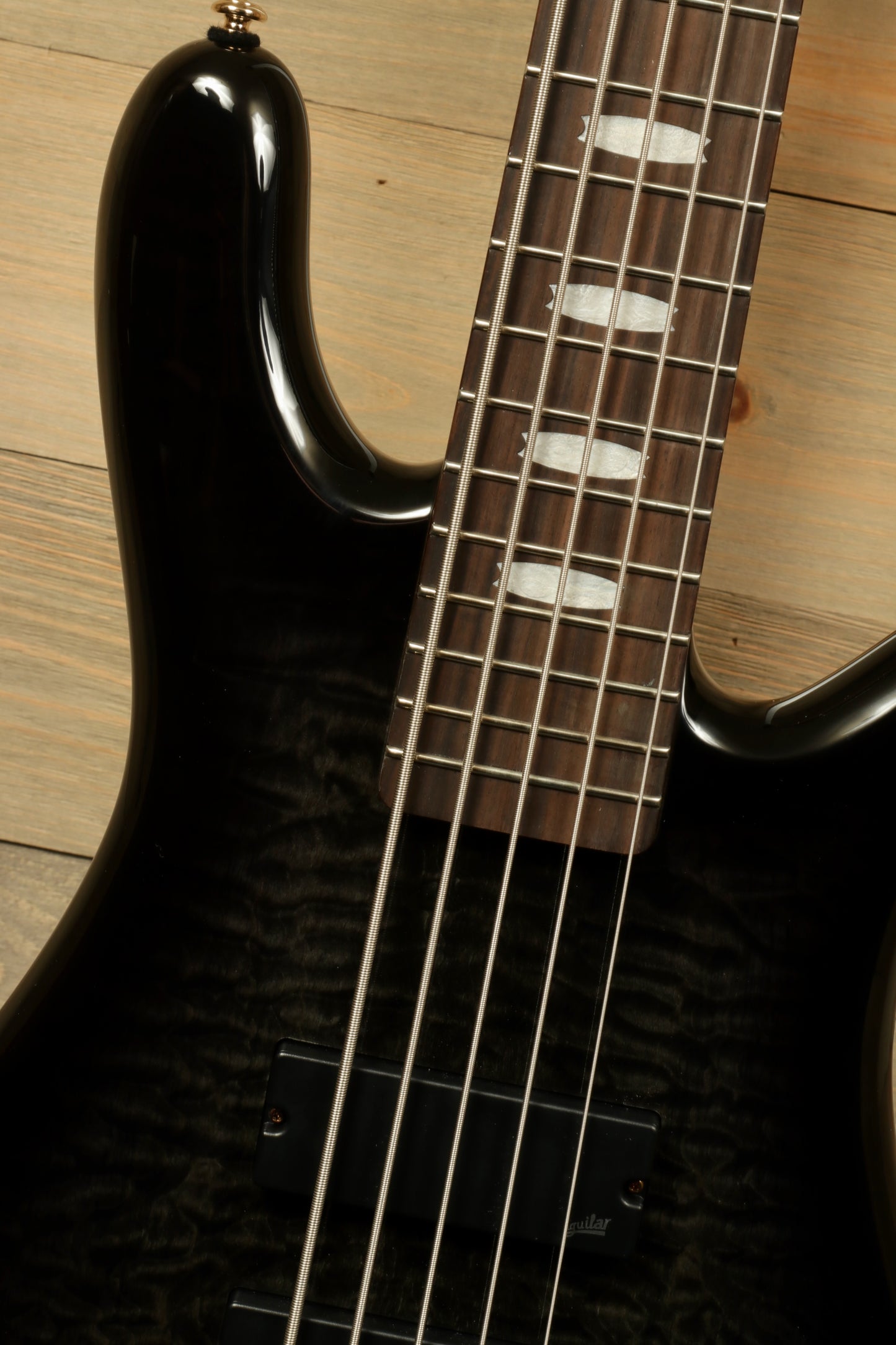 Spector Icon NS-5 5-string Electric Bass Guitar - Black Stain Gloss, top view showing fretboard