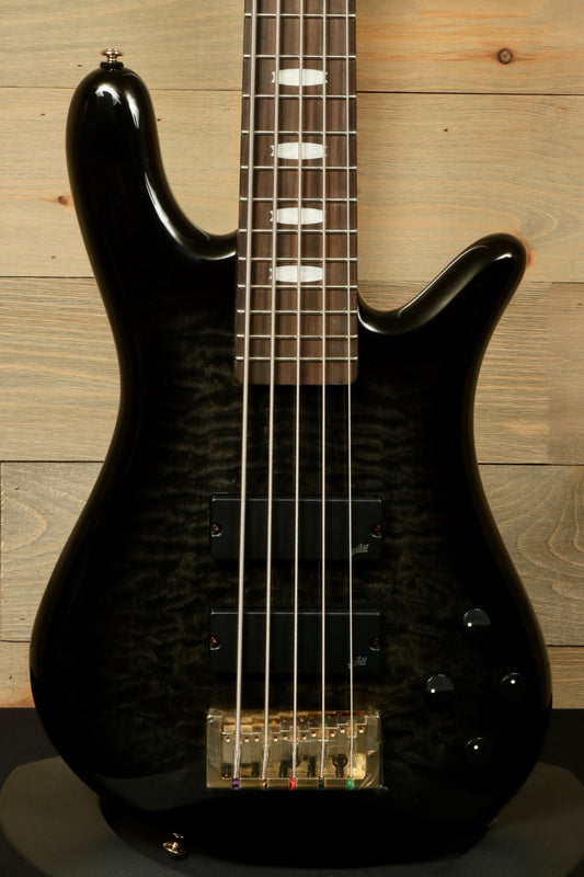 Spector Icon NS-5 5-string Electric Bass Guitar in Black Stain Gloss, front view with detailed body finish