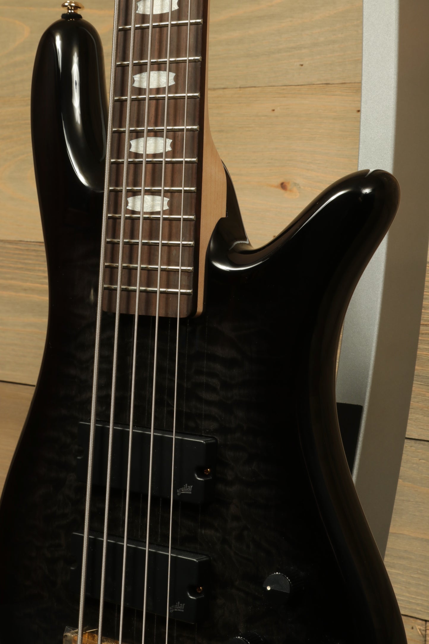 Spector Icon NS-5 5-string Electric Bass Guitar - Black Stain Gloss, front view showcasing the body and neck