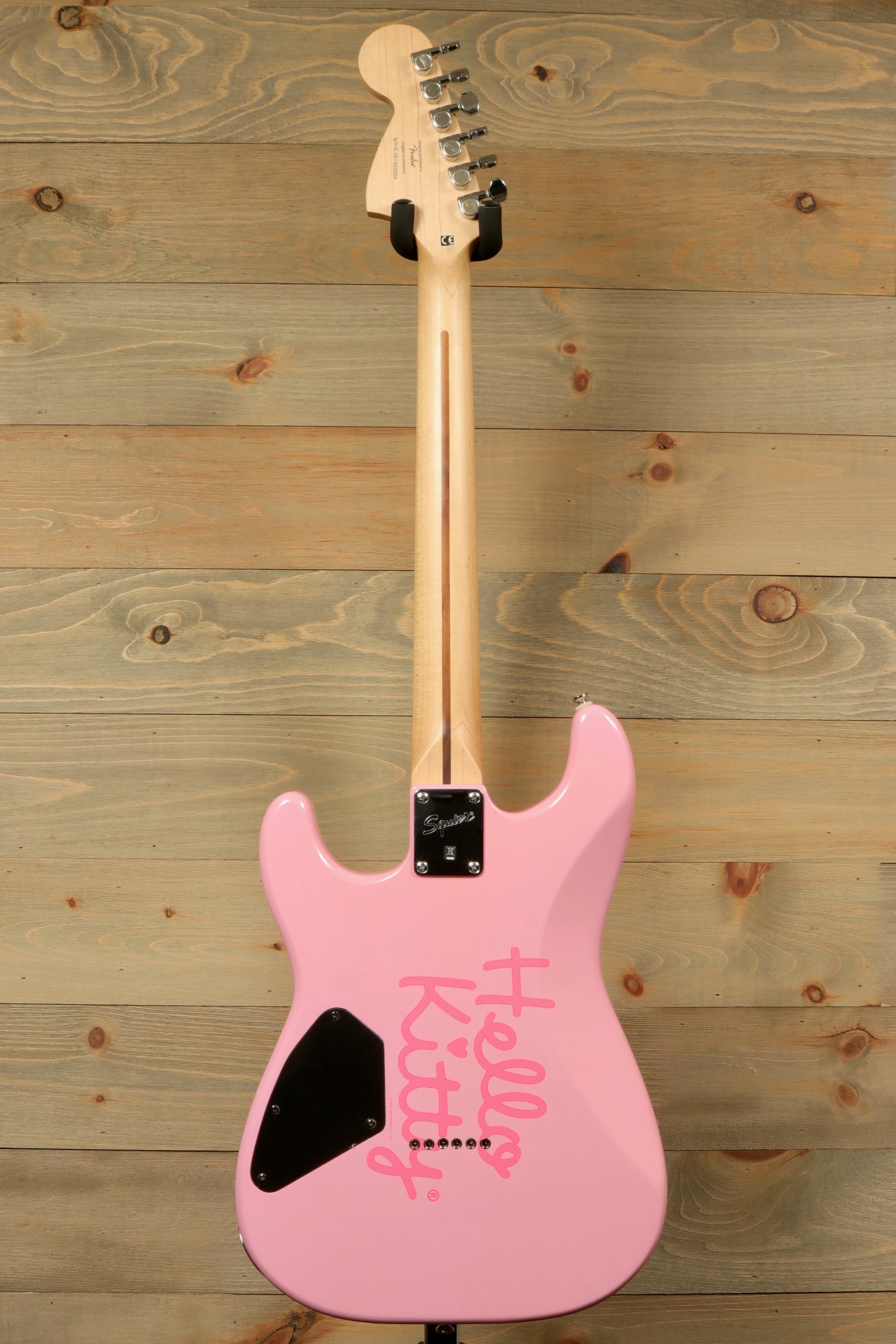 Squier 2006 Squier Hello Kitty Stratocaster in pink, back view with Hello Kitty graphic