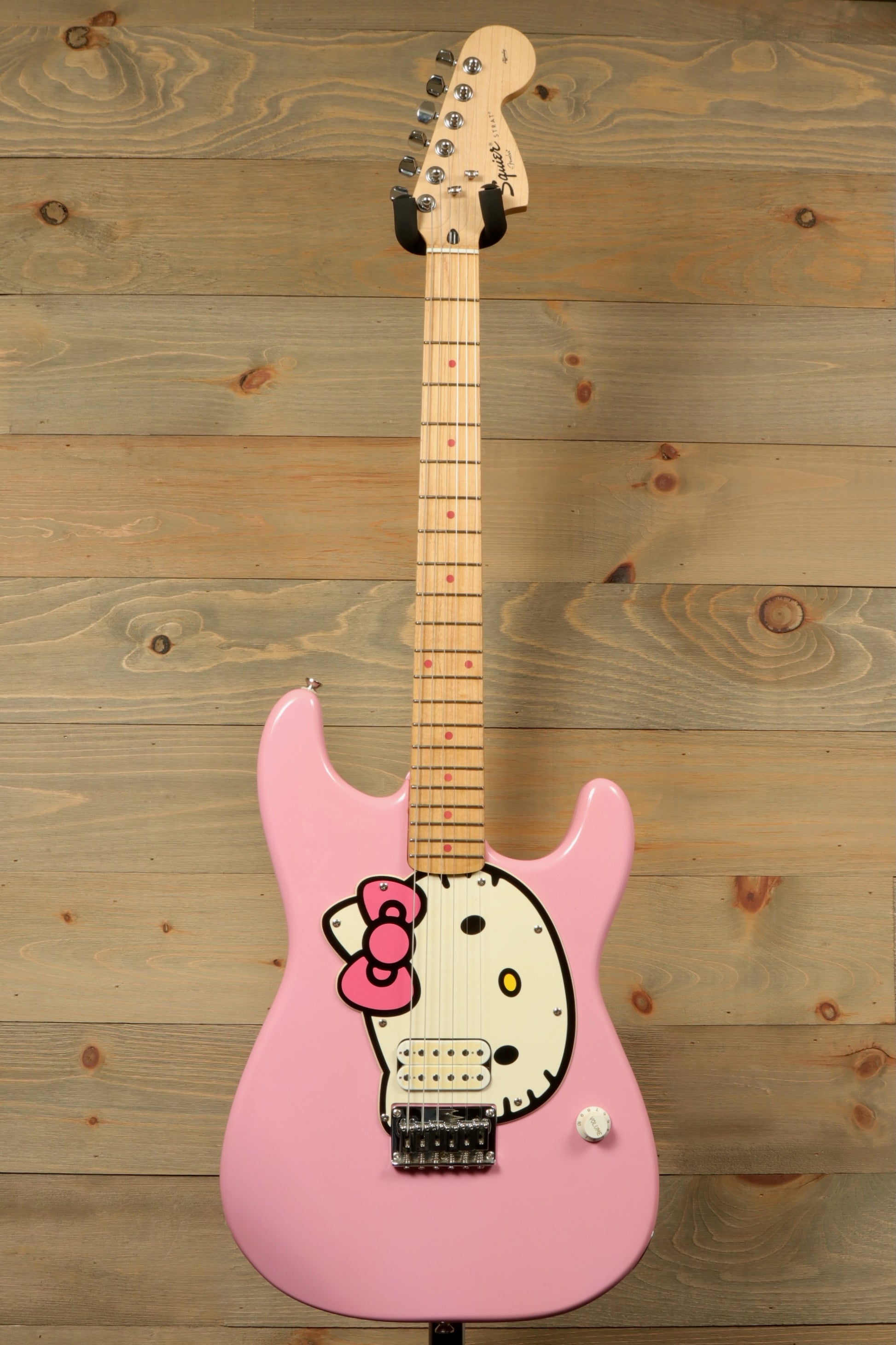 2006 Squier Hello Kitty Stratocaster in pink with Hello Kitty design, front view