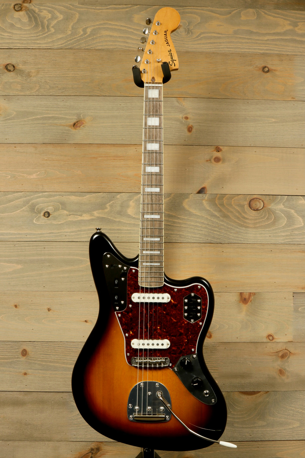 Squier Classic Vibe 70s Jaguar electric guitar in sunburst finish, front view