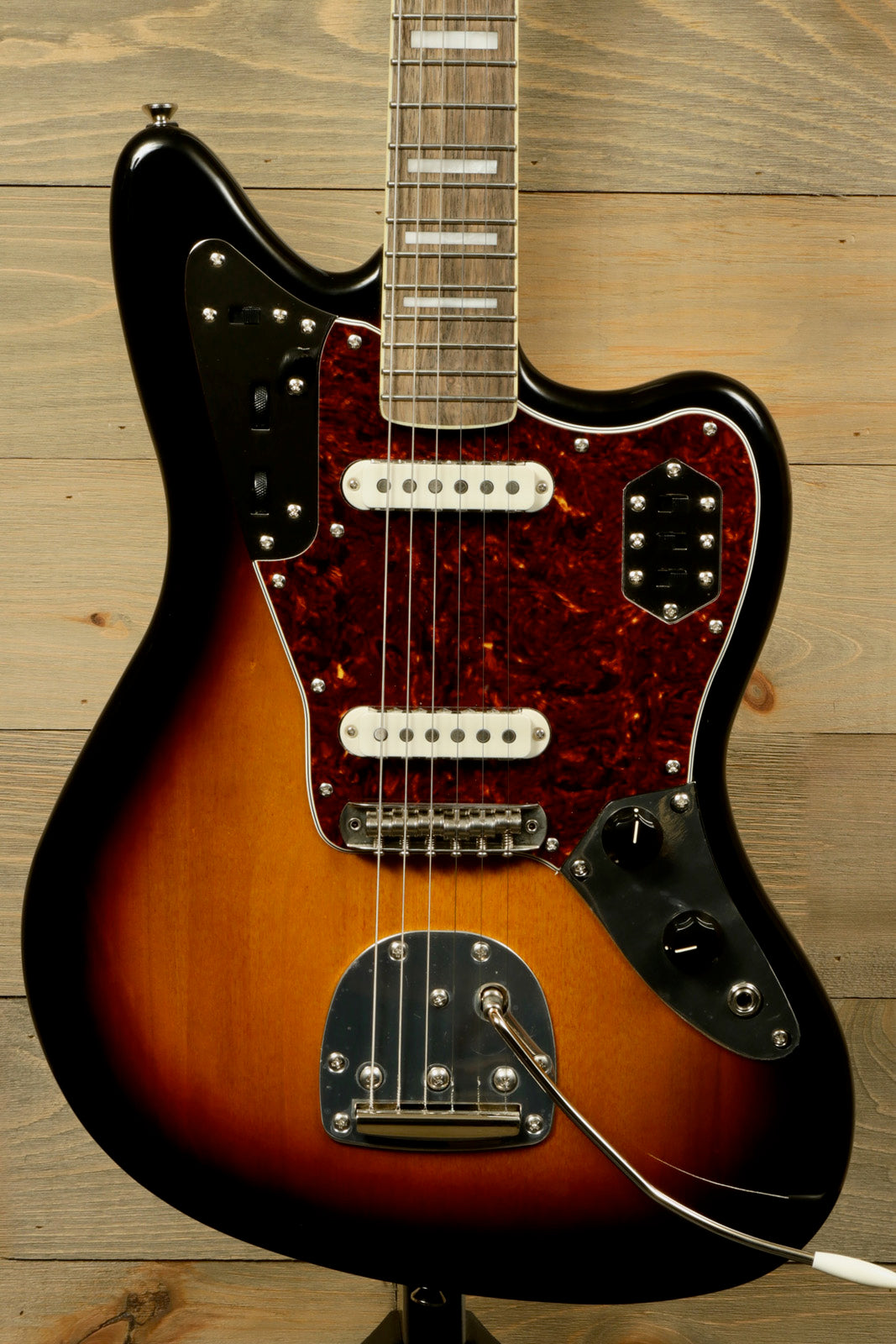 Squier Classic Vibe 70s Jaguar electric guitar in sunburst finish, front view 