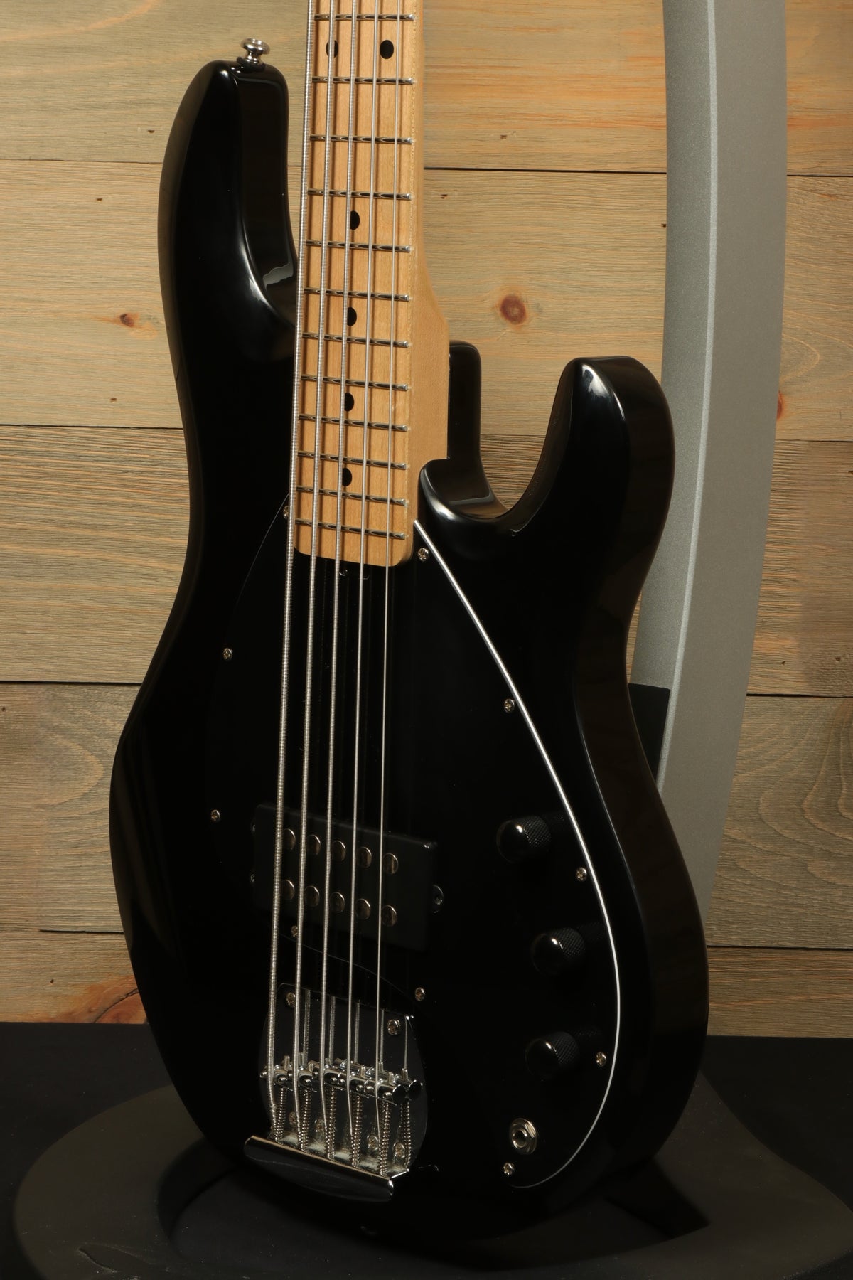Sterling by Music Man 5 String Bass Guitar in Black, front view featuring active pickups