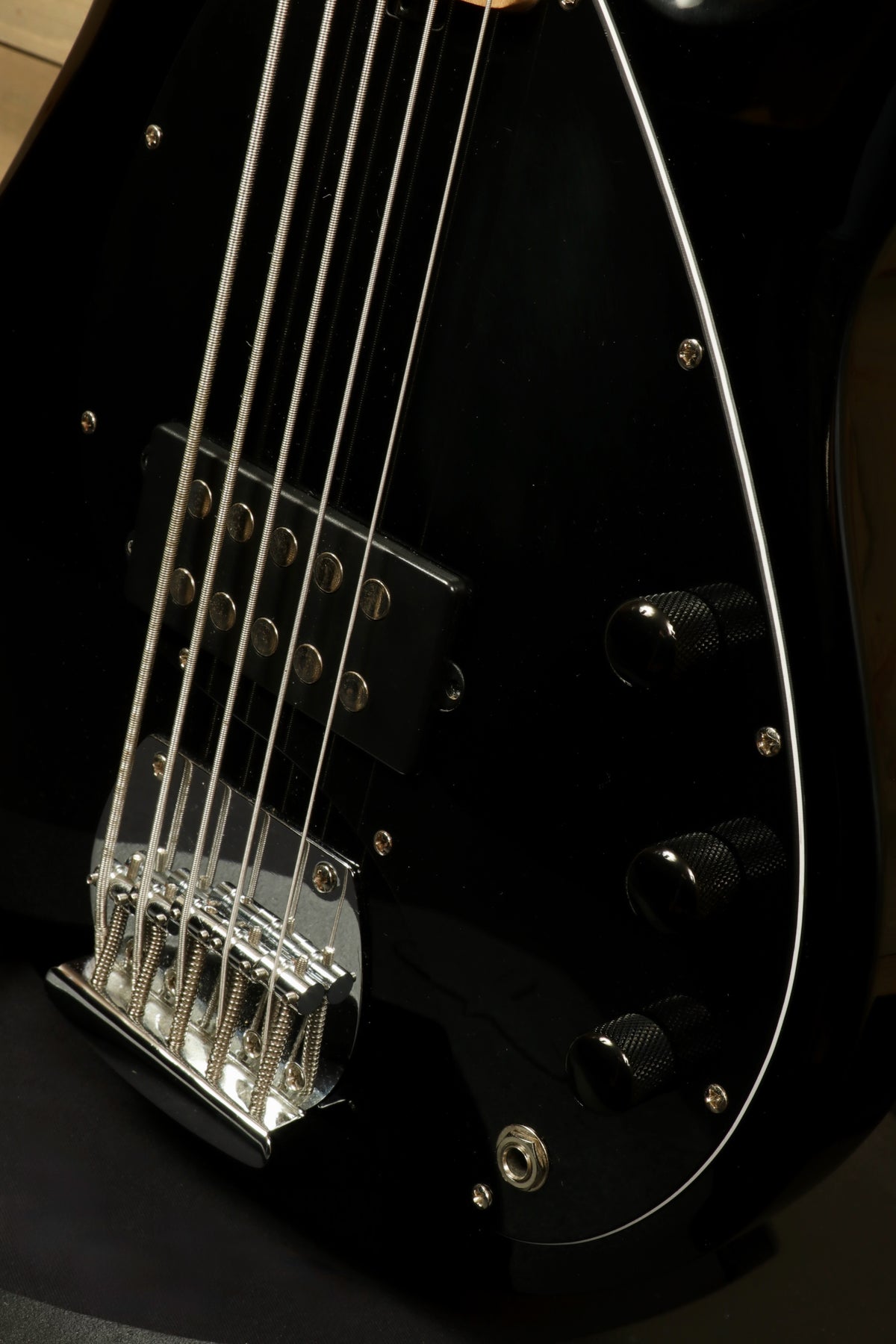Sterling by Music Man 5 String Bass Guitar in Black with Active Electronics, Front View