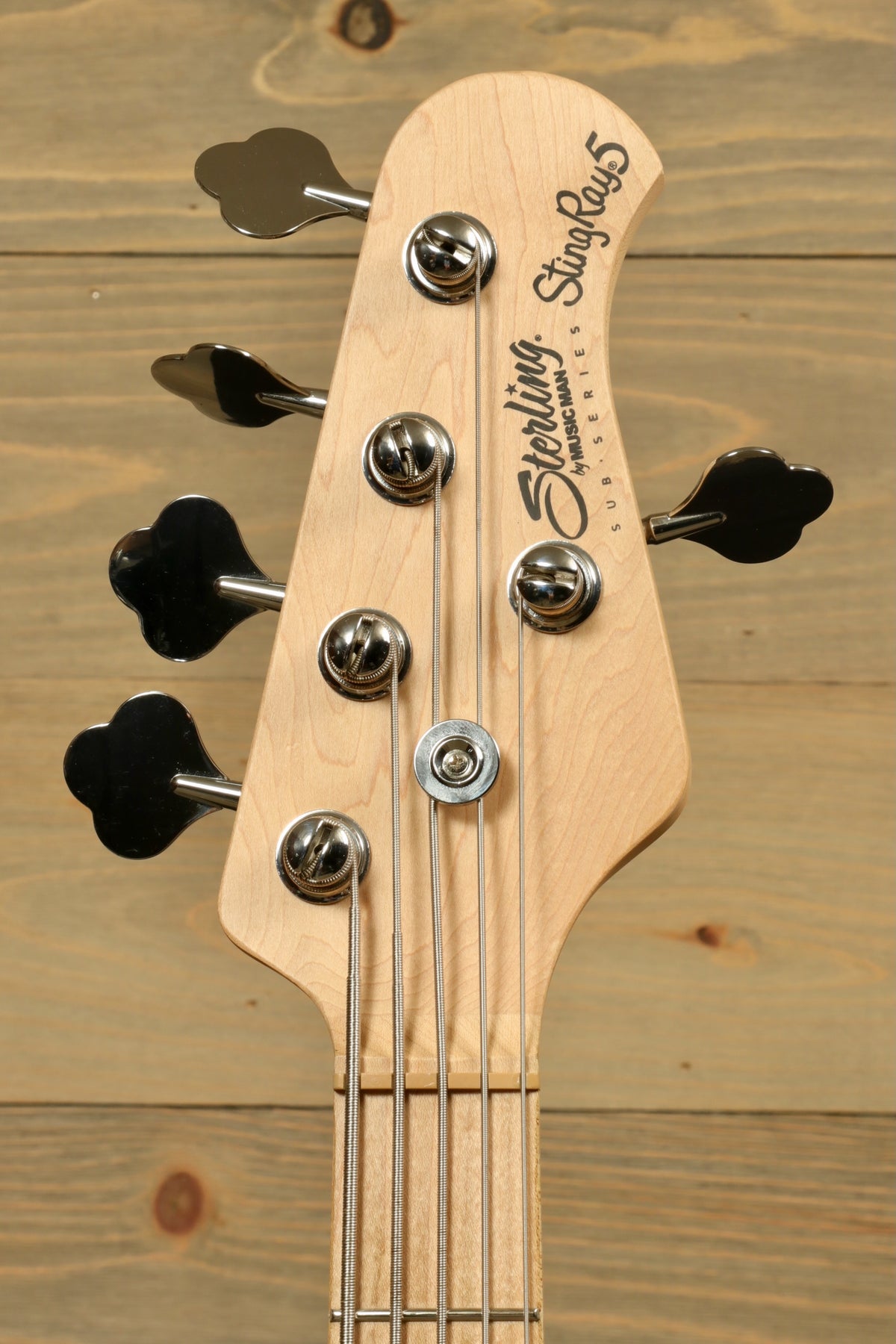 Sterling by Music Man StingRay5 natural finish headstock, featuring used active 5 string bass tuning pegs