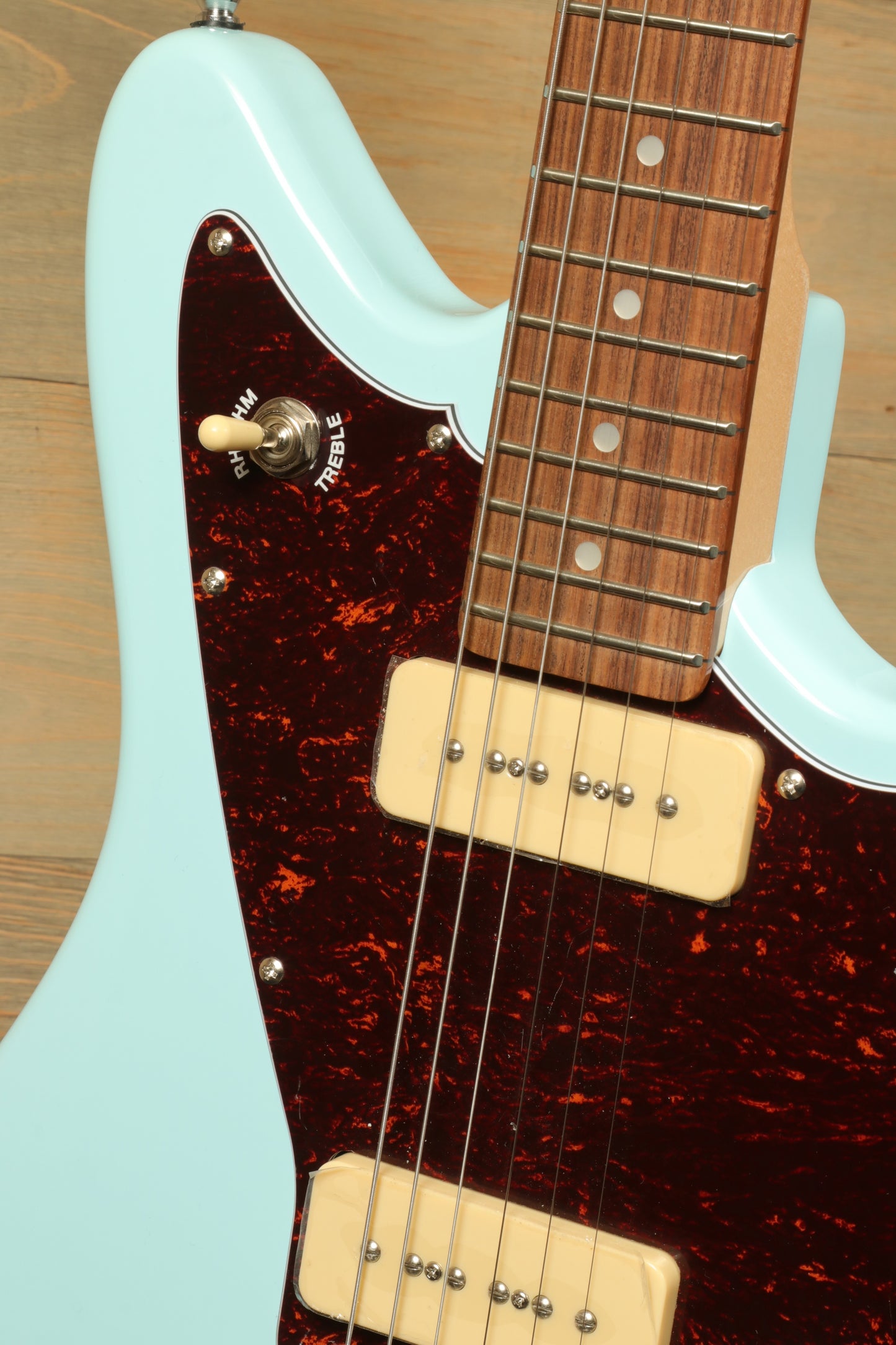Tagima Jazz Electric Guitar in light blue with tortoiseshell pickguard, front view