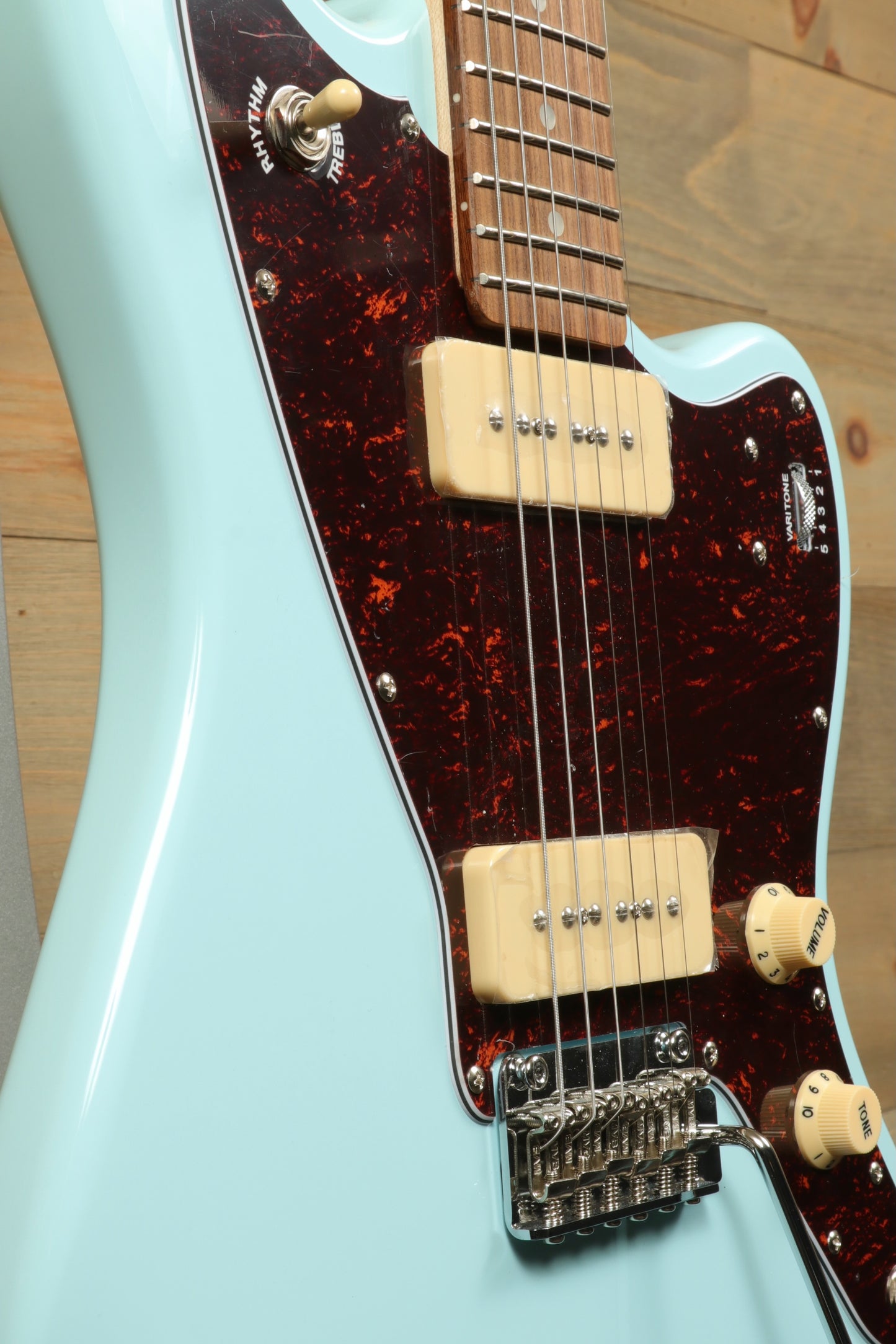 Tagima Jazz Electric Guitar in light blue, front view showcasing pickups and tortoiseshell pickguard