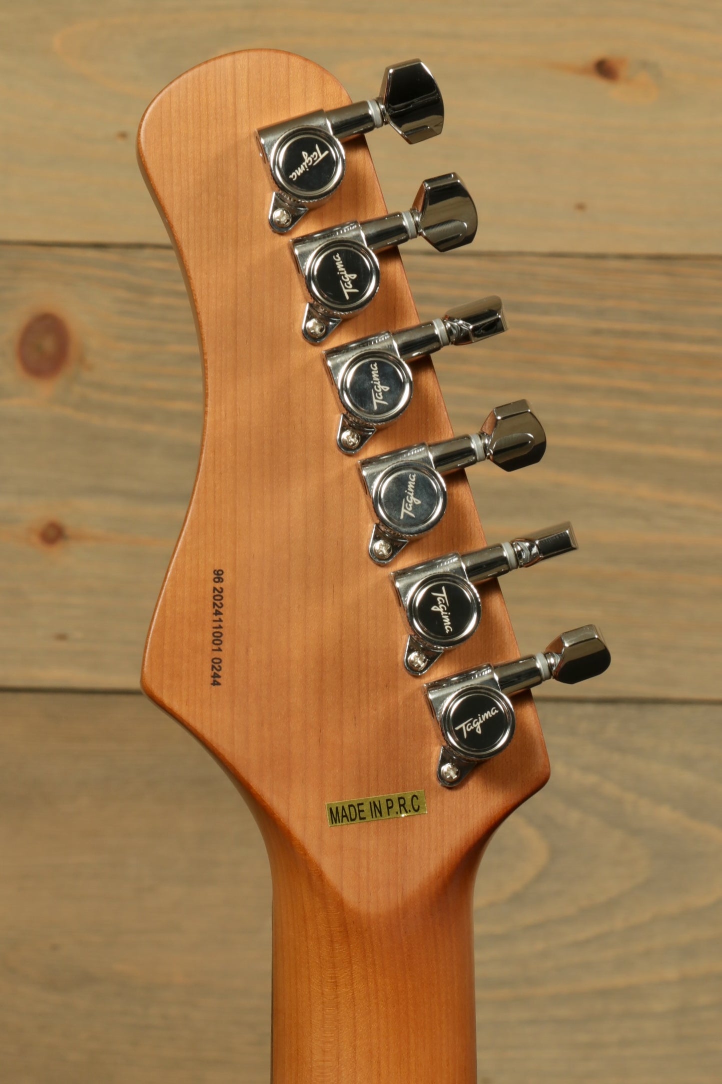 Tagima T 640 SUPER electric guitar neck with chrome tuning machines, back view, natural wood finish