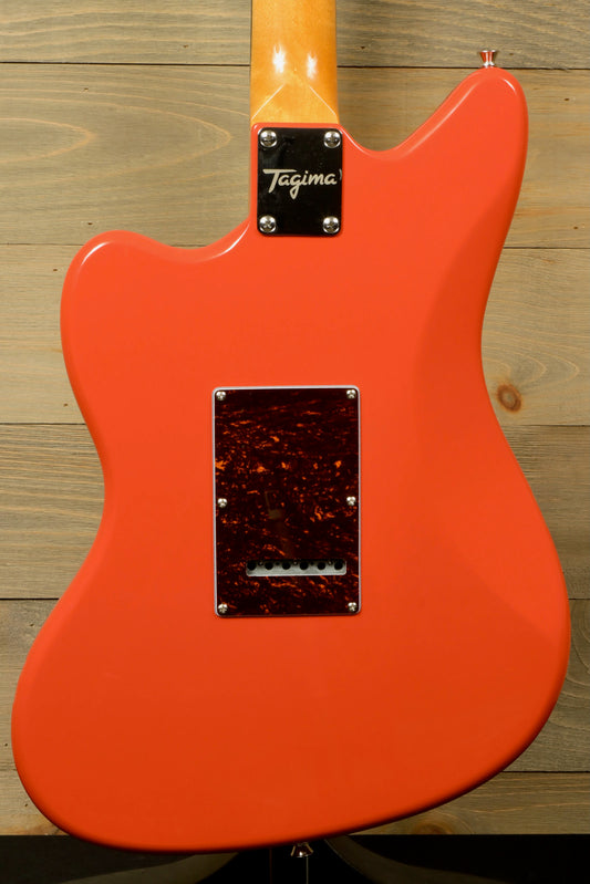 Back view of Tagima TW 61 Fiesta Red electric guitar showcasing its sleek finish and design