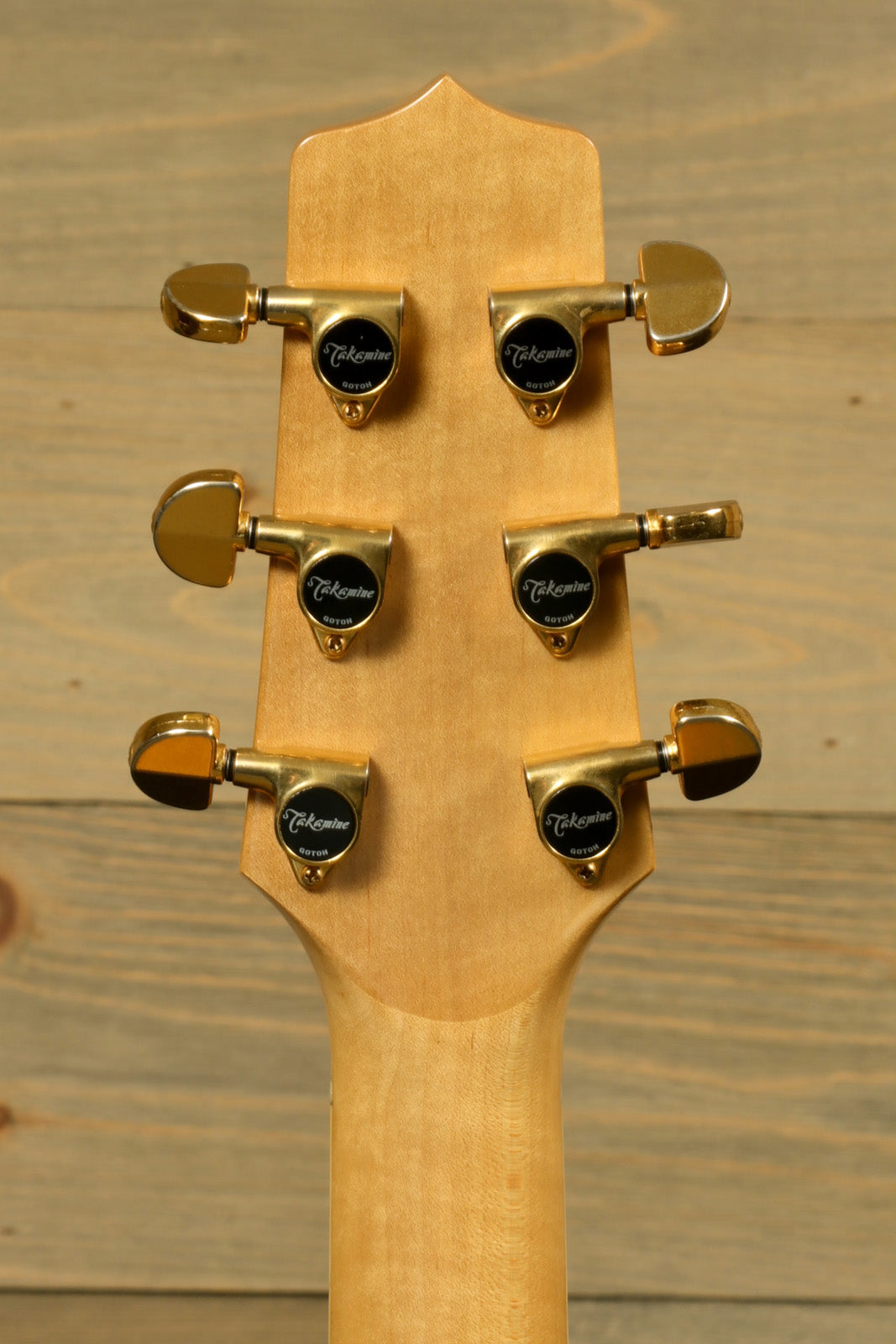 Back view of Takamine AJ250S with Hardshell Case RARE featuring gold tuning pegs and smooth neck finish