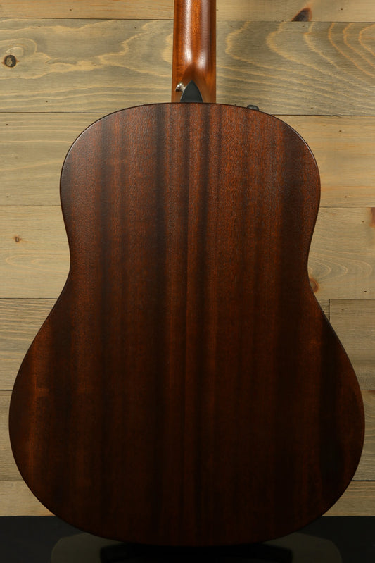Taylor AD27e with Aerocase, back view showcasing rich mahogany finish