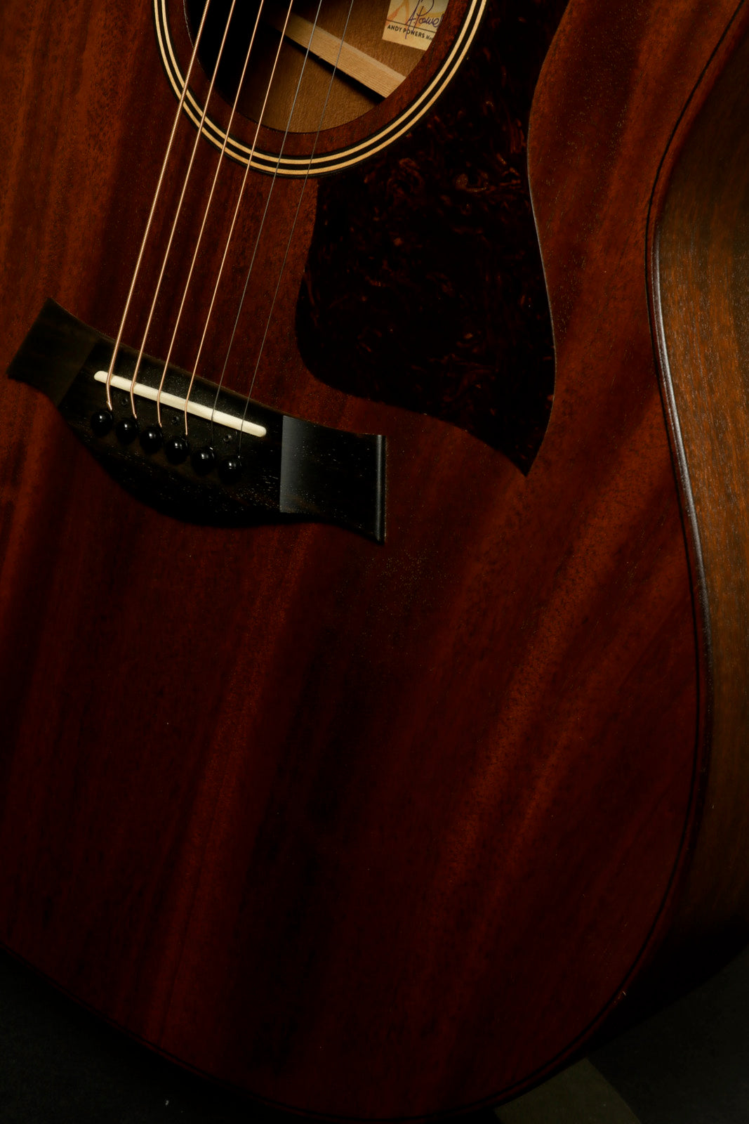 Taylor AD27e with Aerocase, rich mahogany finish, close-up of body and soundhole