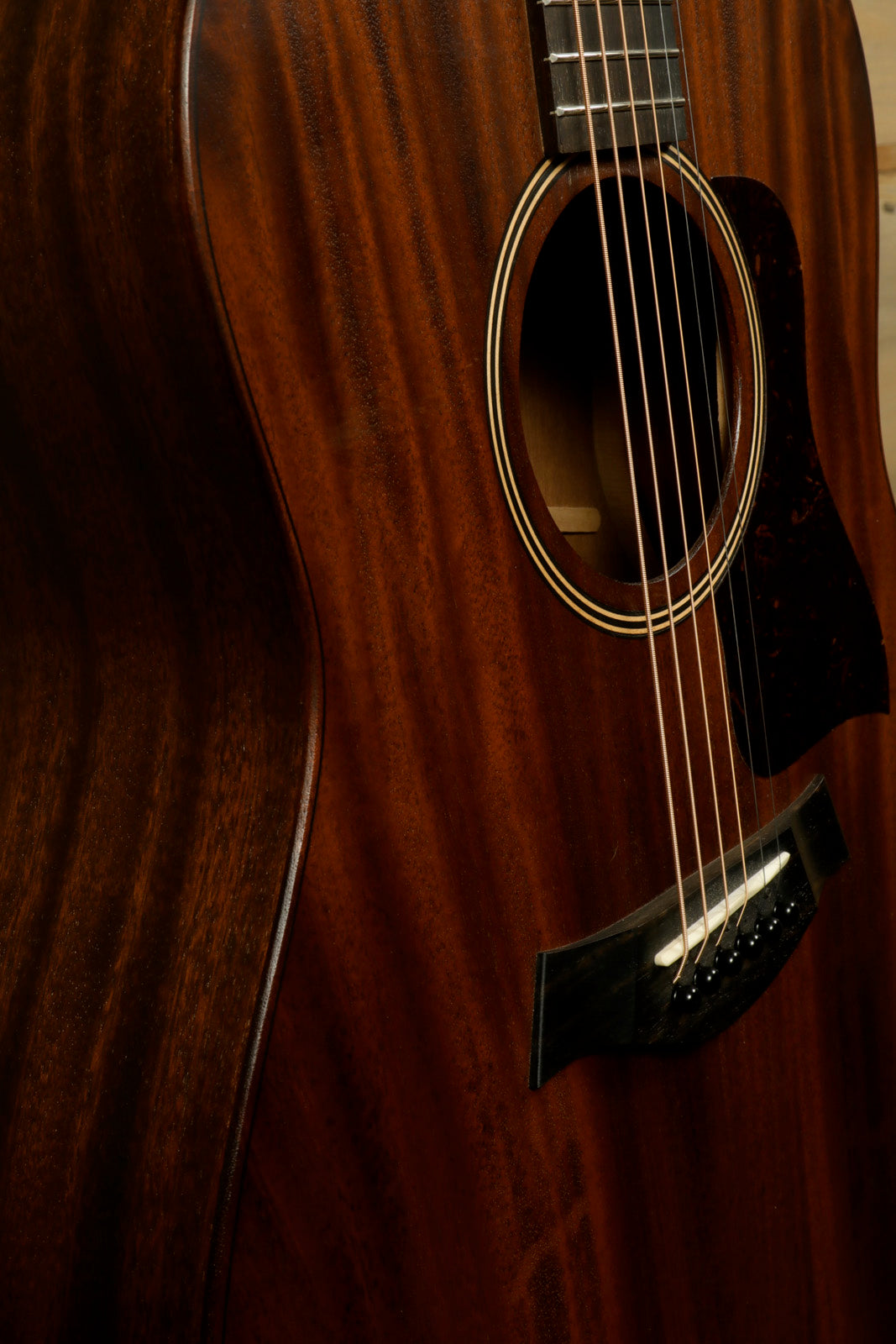 Taylor AD27e with Aerocase, beautiful mahogany finish, side view showcasing the body details