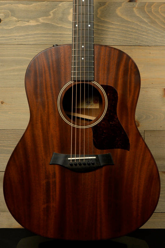 Taylor AD27e with Aerocase, stunning mahogany finish, front view of acoustic electric guitar