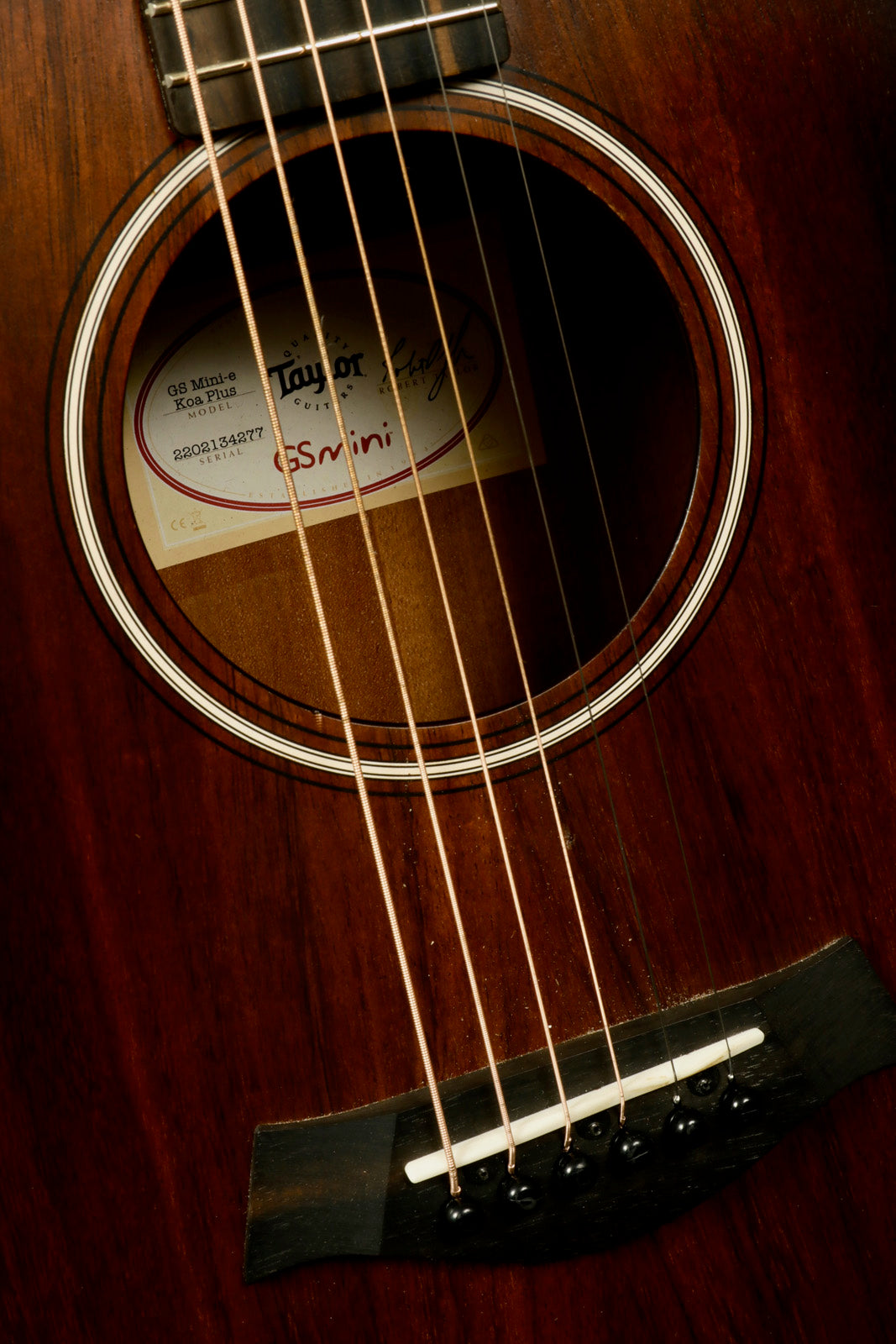 Taylor GS Mini-e Koa acoustic electric guitar, close-up view of the soundhole and strings