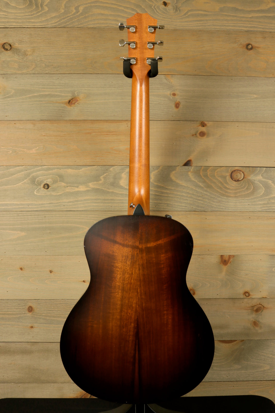 Taylor GS Mini-e Koa acoustic electric guitar, natural finish, back view showing mahogany neck