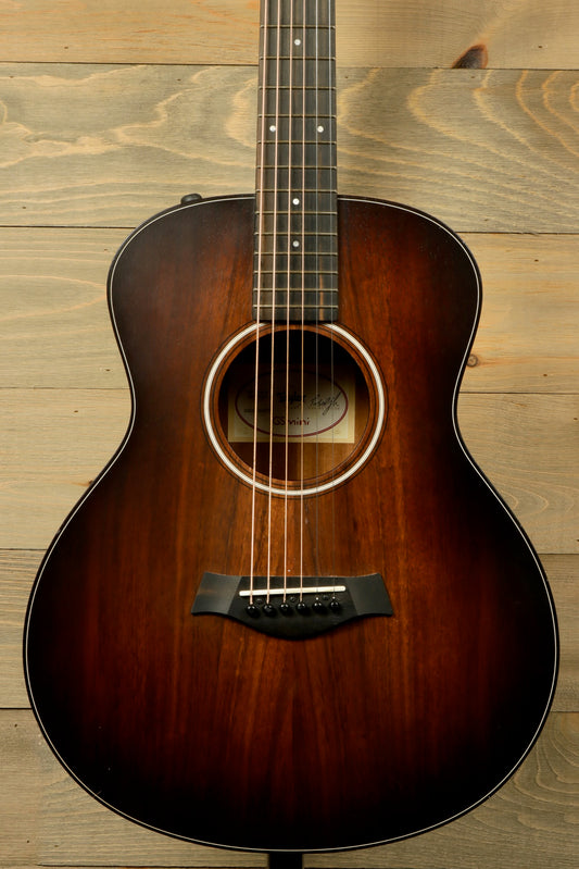 Taylor GS Mini-e Koa acoustic electric guitar, dark burst finish, front view