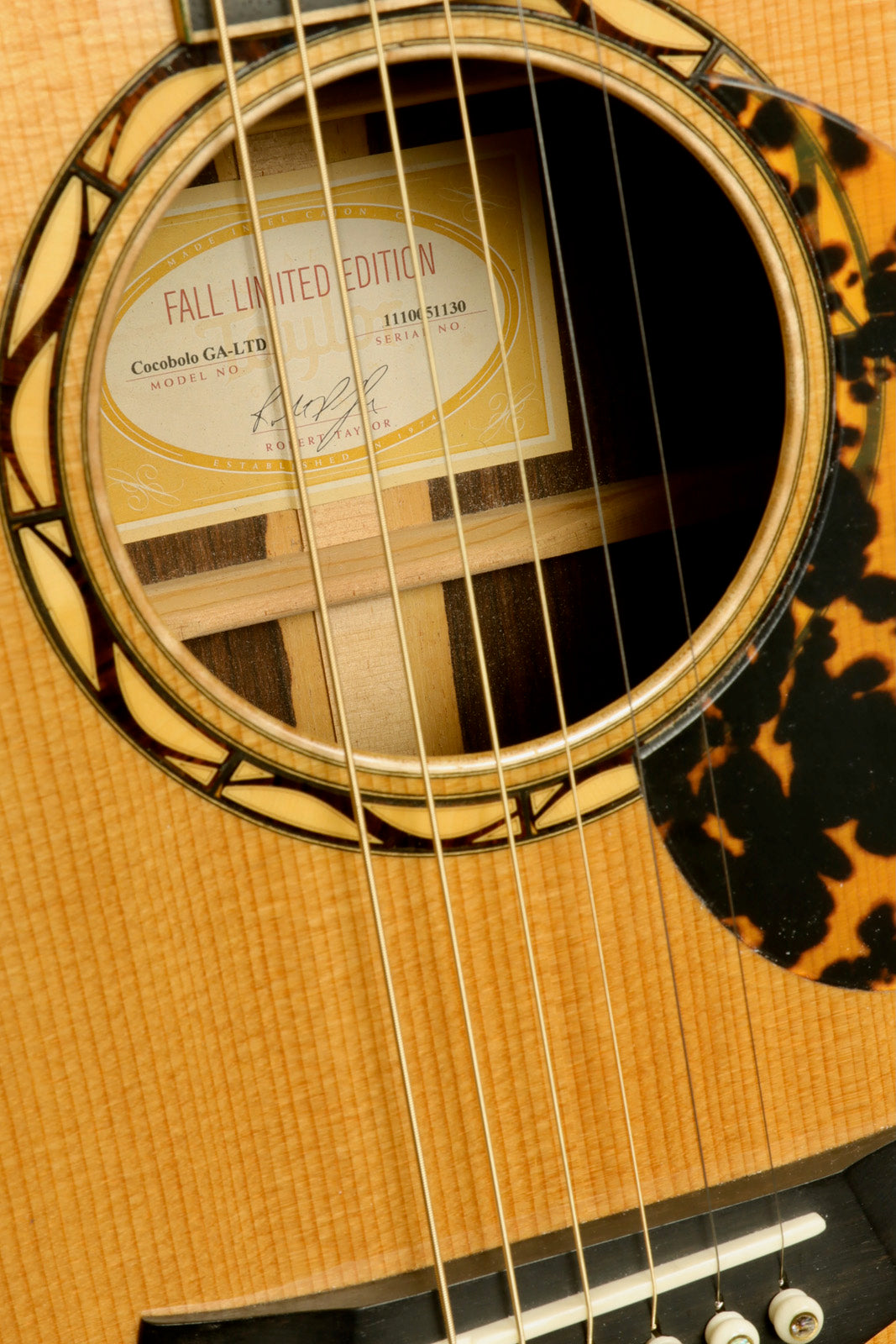 Used Taylor Cocobolo GA LTD guitar showcasing detailed soundhole and limited edition label