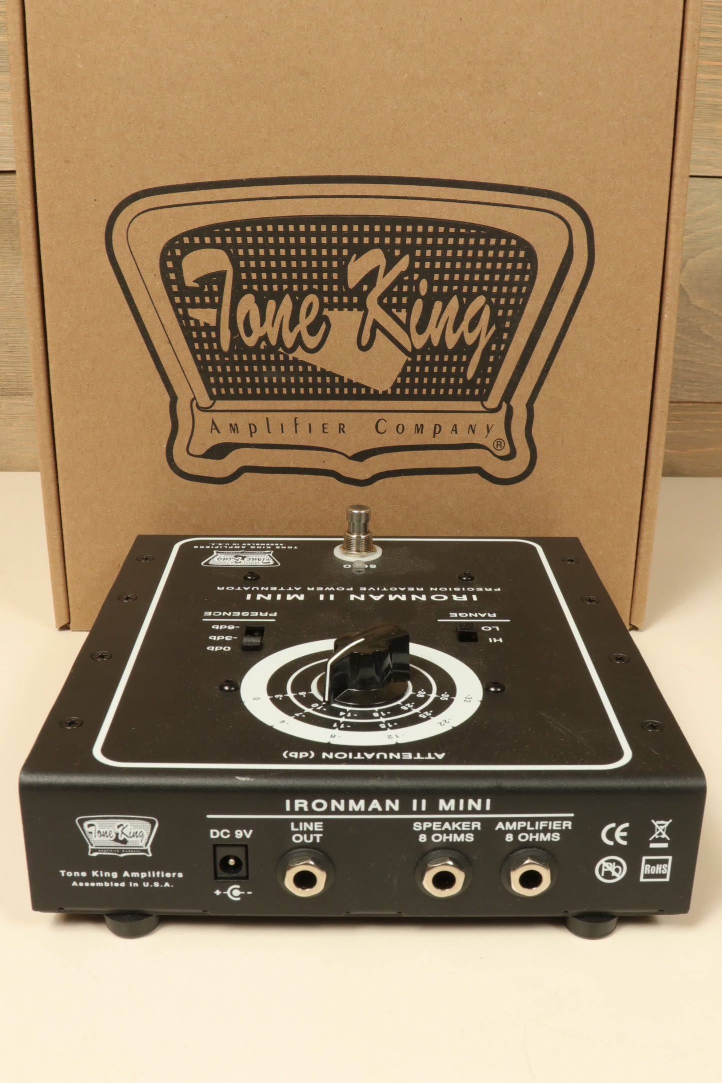 Tone King Ironman II Mini 30-Watt Power Attenuator in black finish, top view with controls and connections