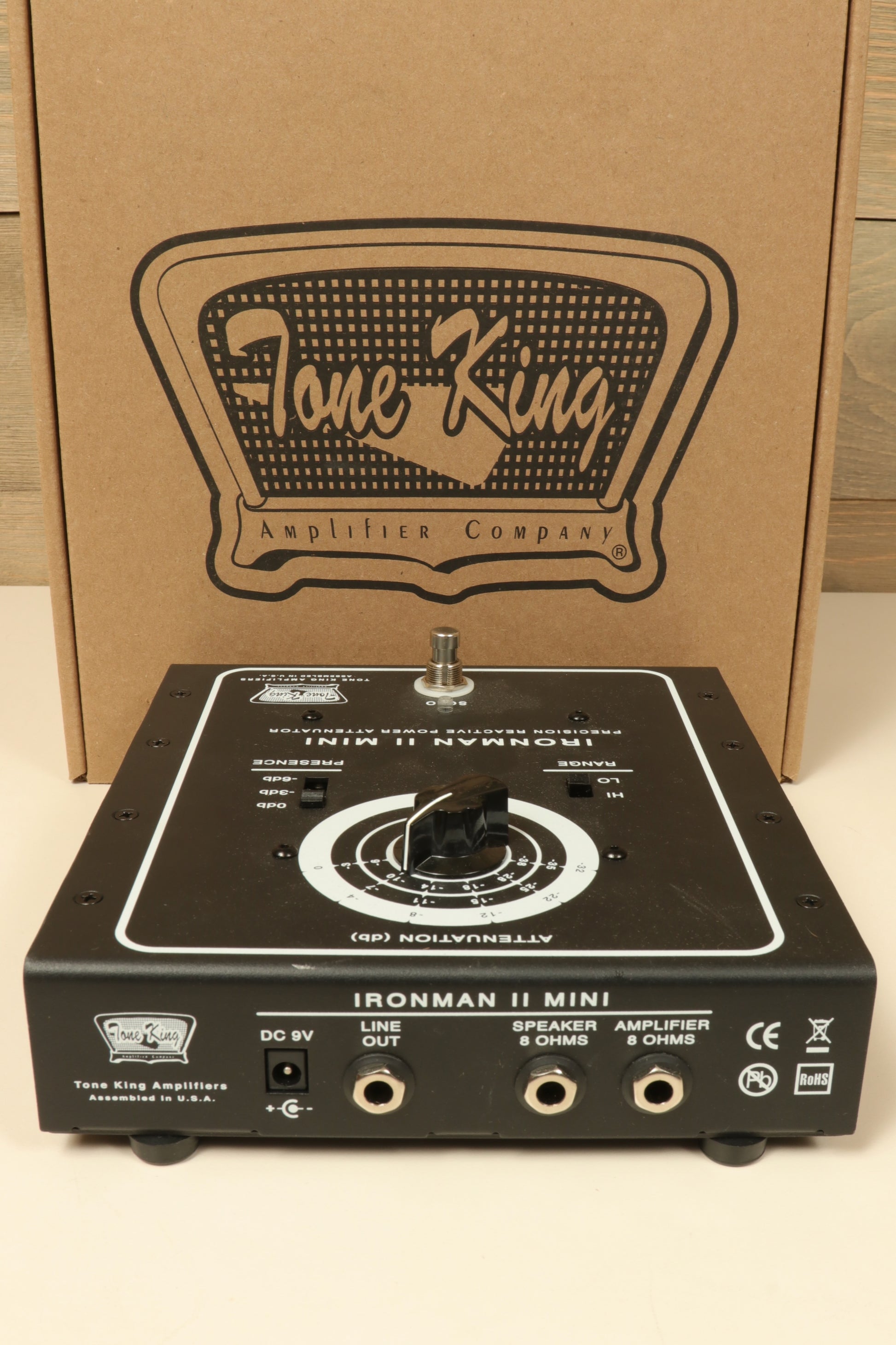 Tone King Ironman II Mini 30-Watt Power Attenuator in black finish, top view with controls and connections