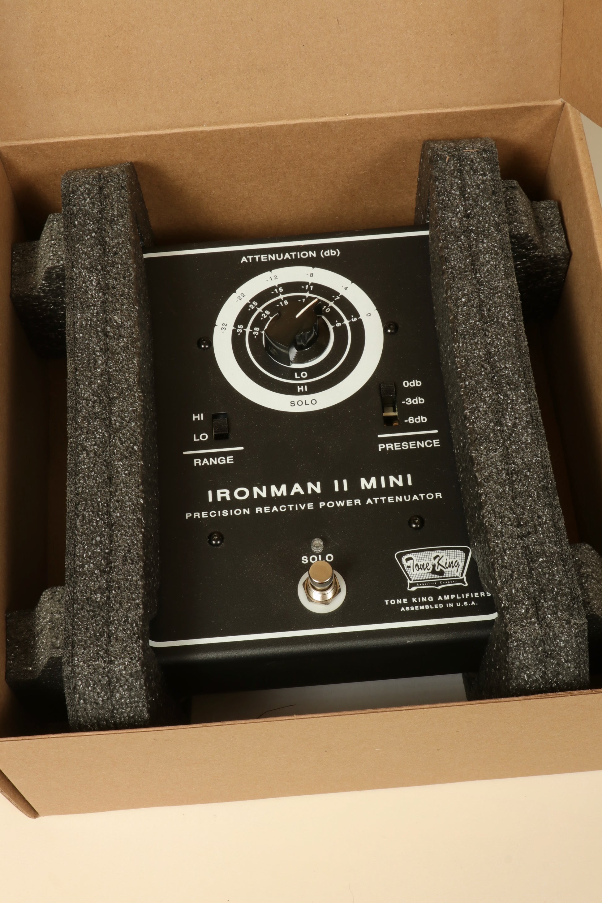 Tone King Ironman II Mini 30-Watt Power Attenuator in Black, top view showing controls