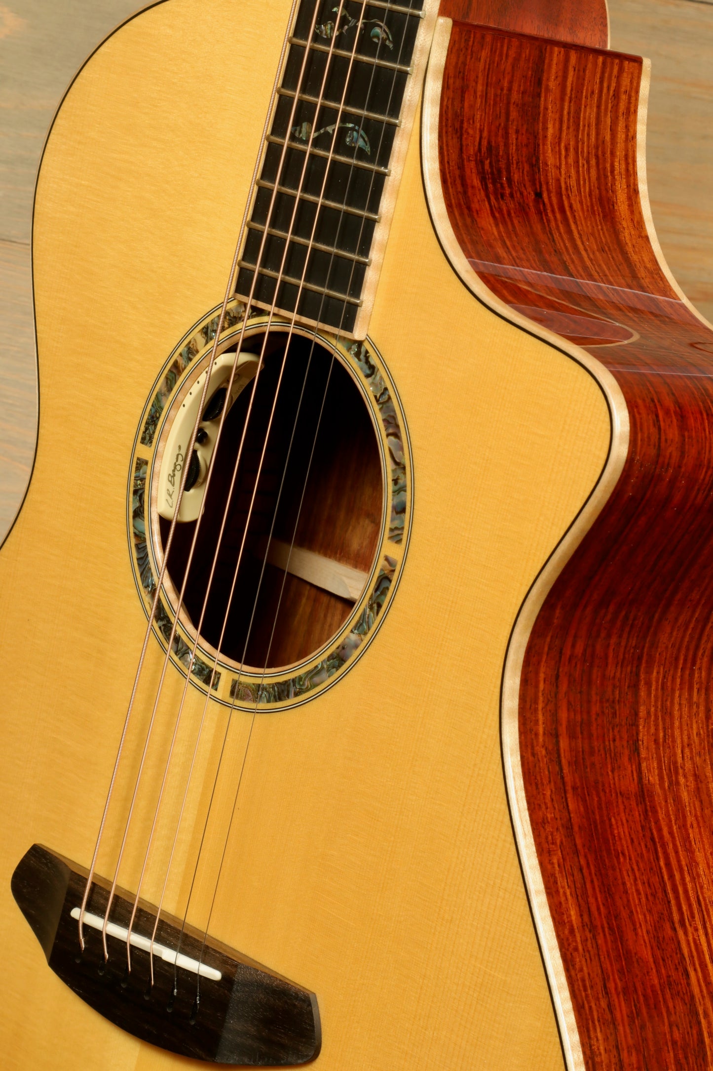 Close-up of a used Breedlove Masterclass Concert guitar showcasing intricate details and craftsmanship