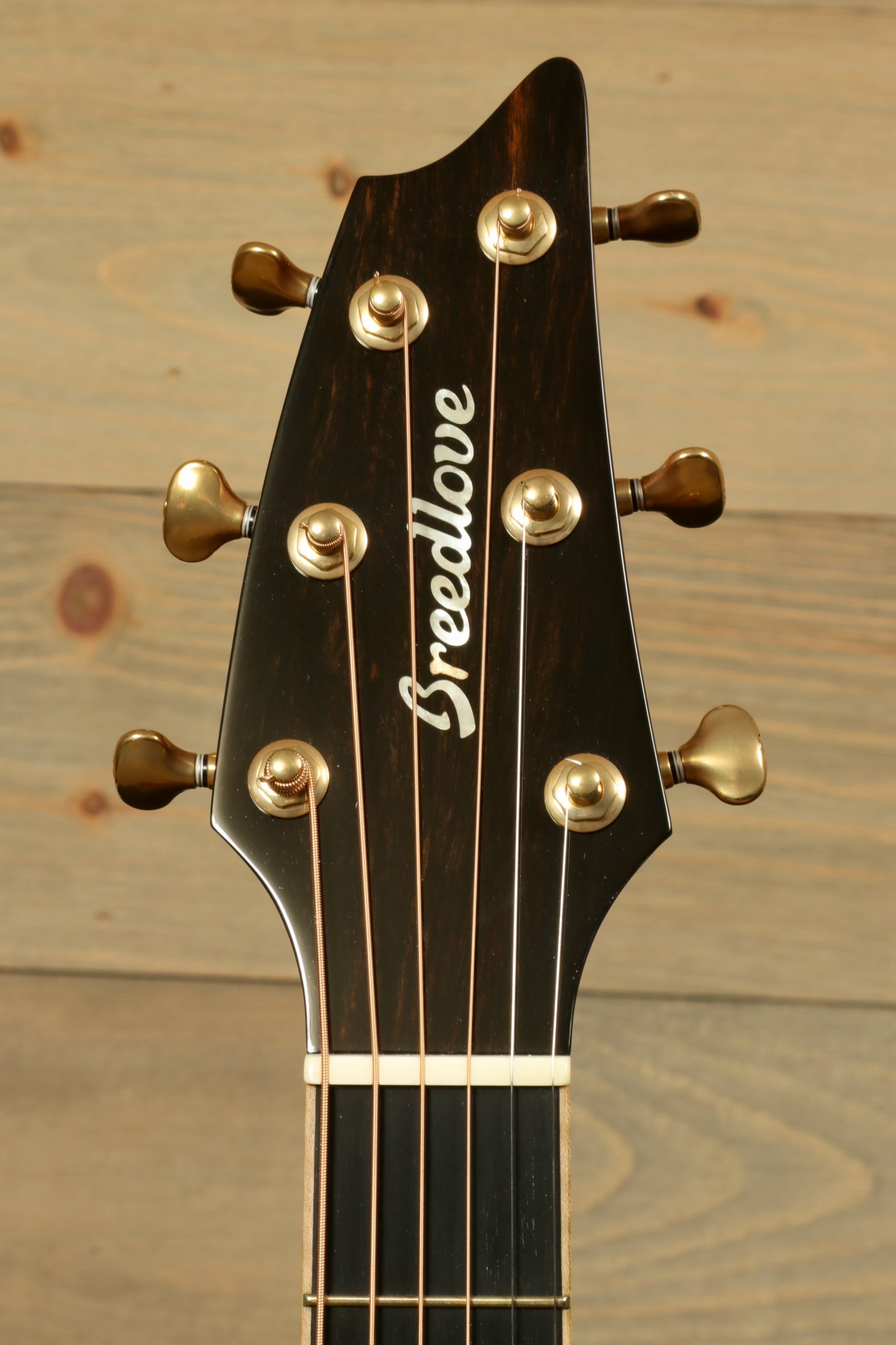 Headstock of a used Breedlove Masterclass Concert guitar with gold tuning pegs and logo clearly visible