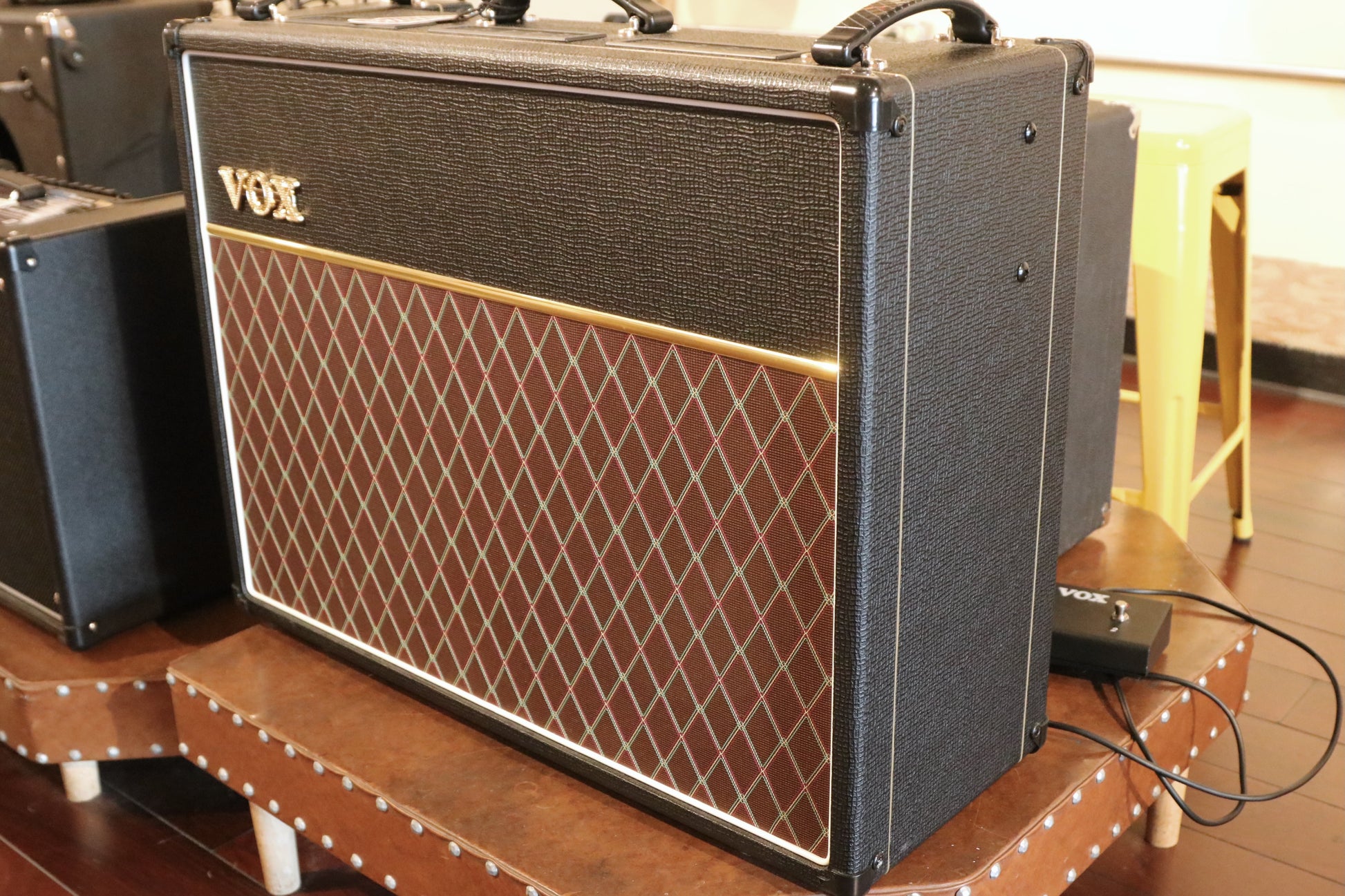 Vox AC15C2 2x12 Combo amplifier, black and brown with diamond grille, angled side view