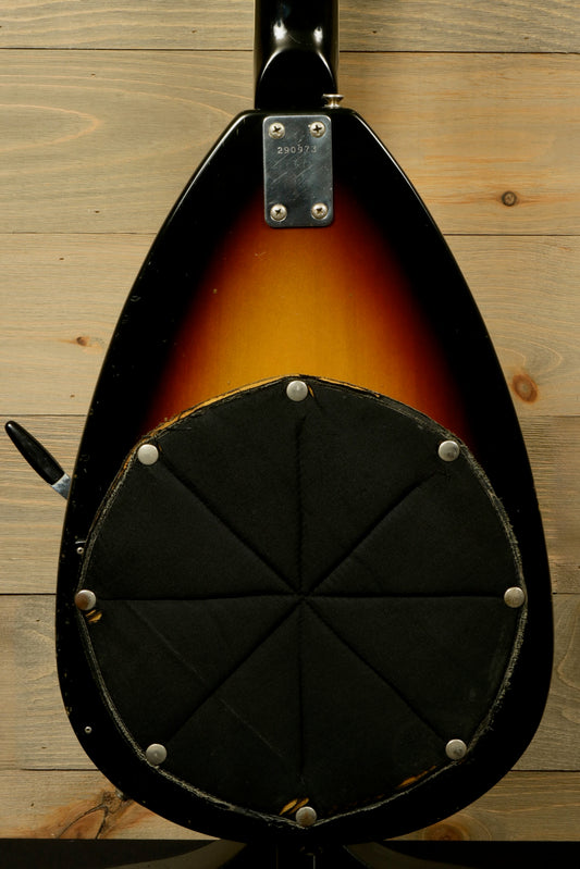 Rare Vintage Vox Guitar sunburst finish, back view showing unique design and quality craftsmanship