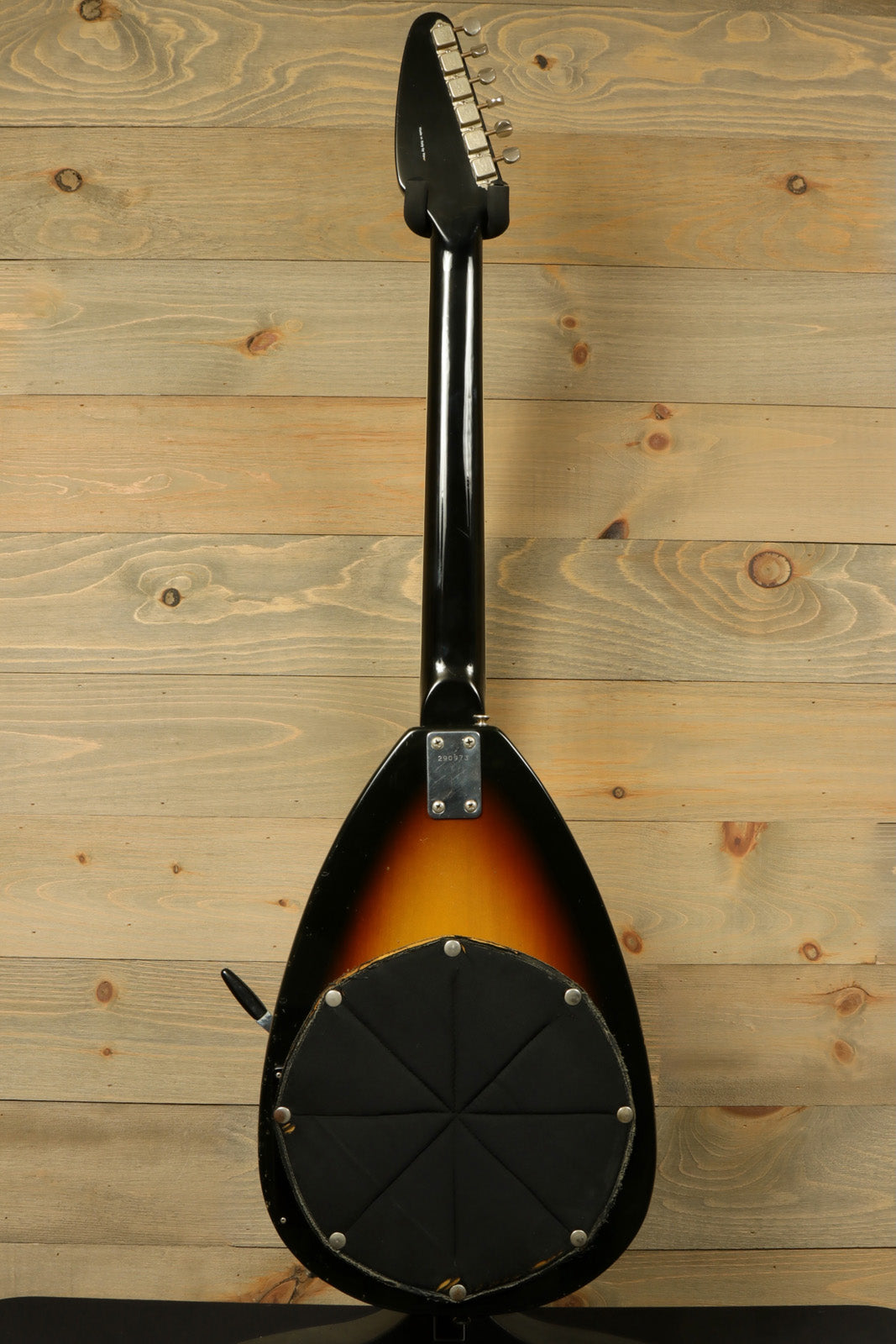 Rare Vintage Vox Guitar, sunburst finish, back view with distinctive body shape and hardware