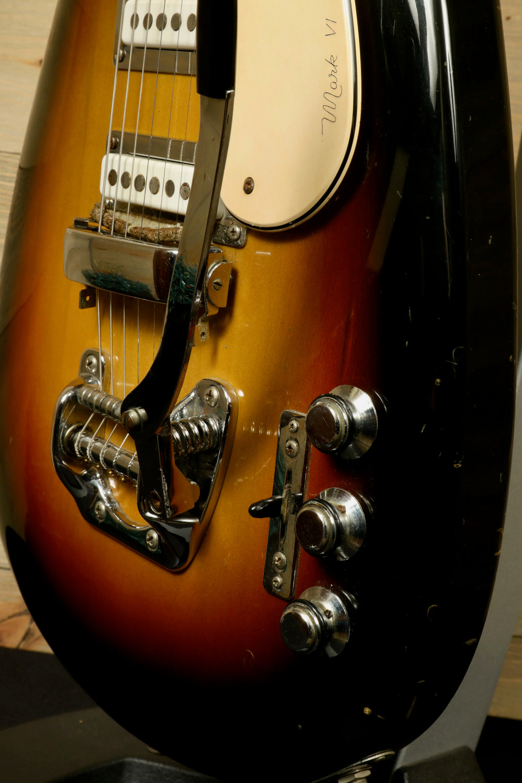 Rare Vintage Vox Guitar in sunburst finish, featuring a unique body design and classic controls