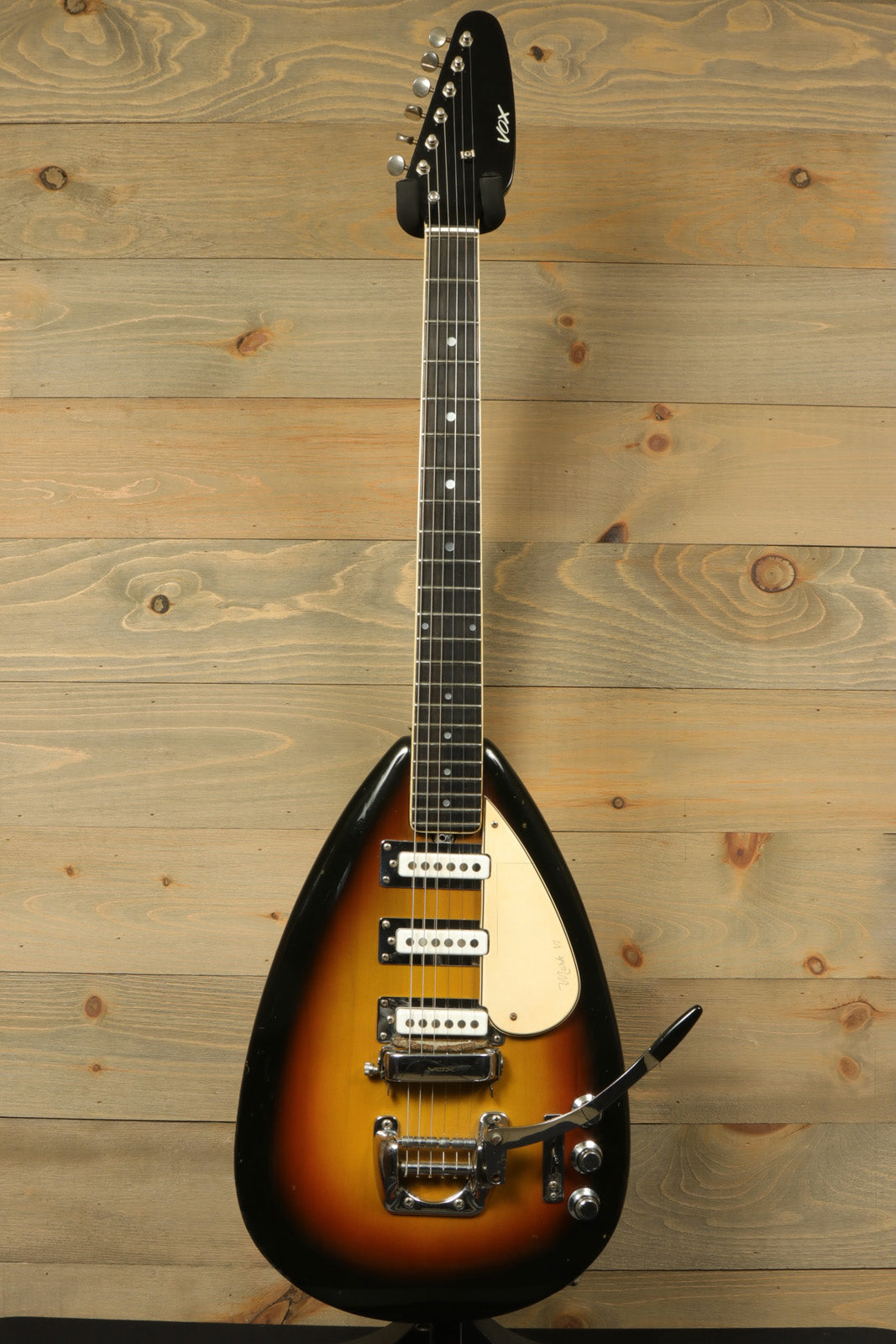 Rare Vintage Vox Guitar in sunburst finish with distinctive teardrop shape, front view