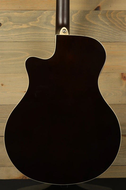 Yamaha APX600 FM with RoadRunner Gig Bag, dark stained finish, back view of the acoustic electric guitar