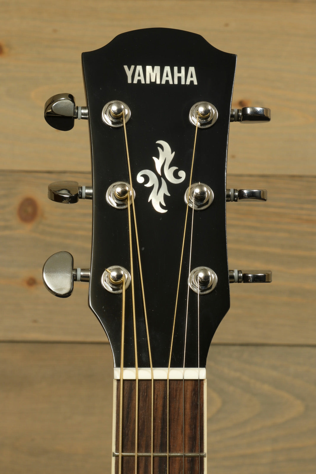 Yamaha APX600 FM with RoadRunner Gig Bag, black headstock with decorative inlay, front view