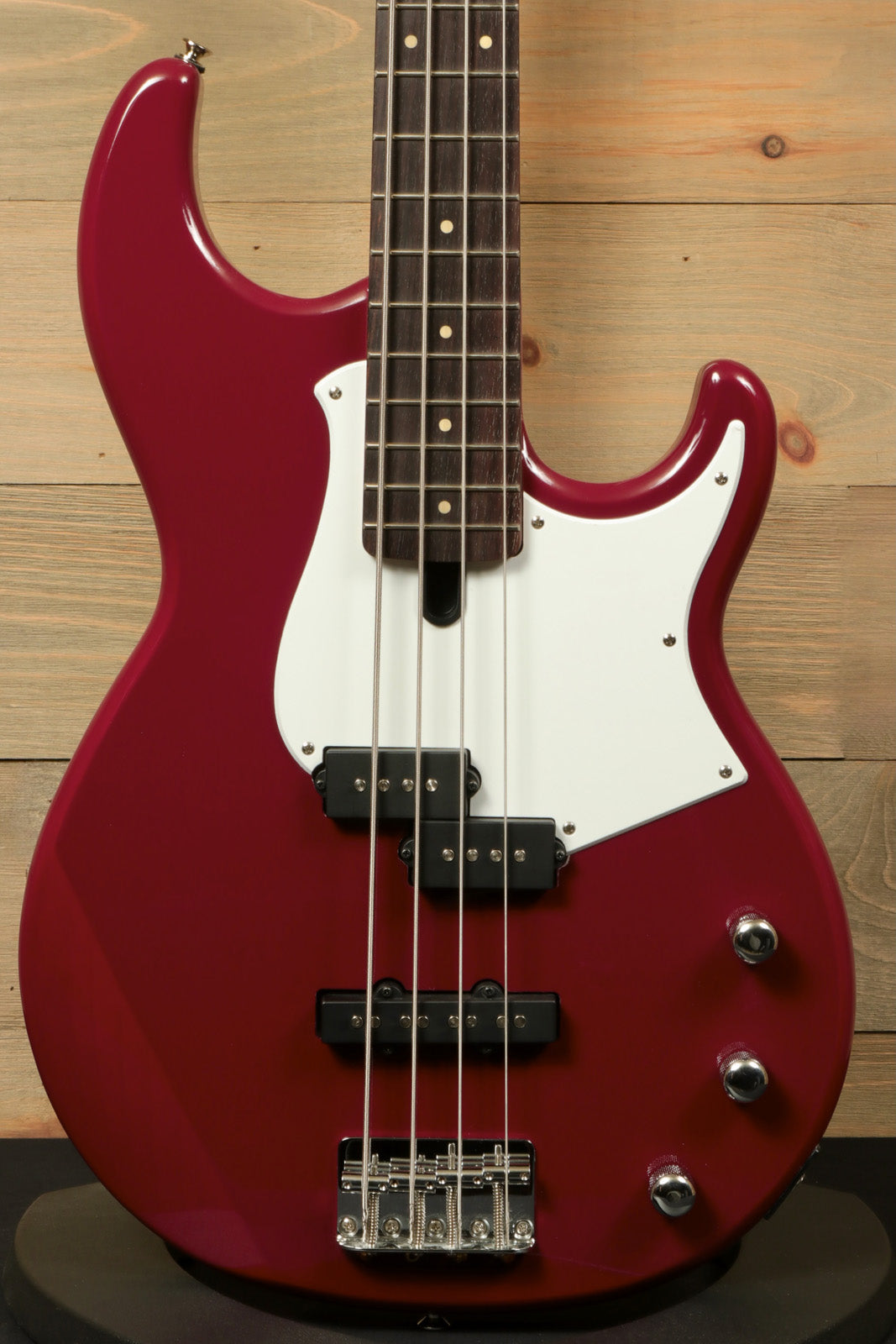 Yamaha BB234 4-String Electric Bass Guitar Raspberry Red, front view with white pickguard