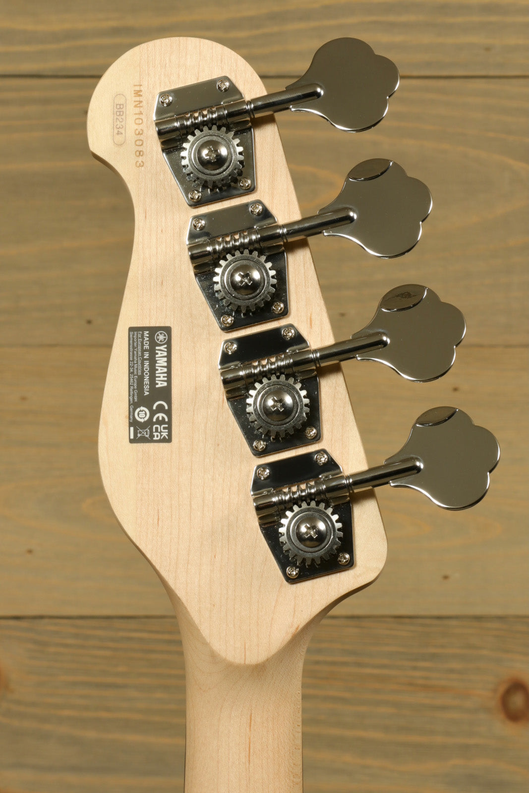 Yamaha BB234 4-String Electric Bass Guitar Raspberry Red, headstock view showing tuning pegs