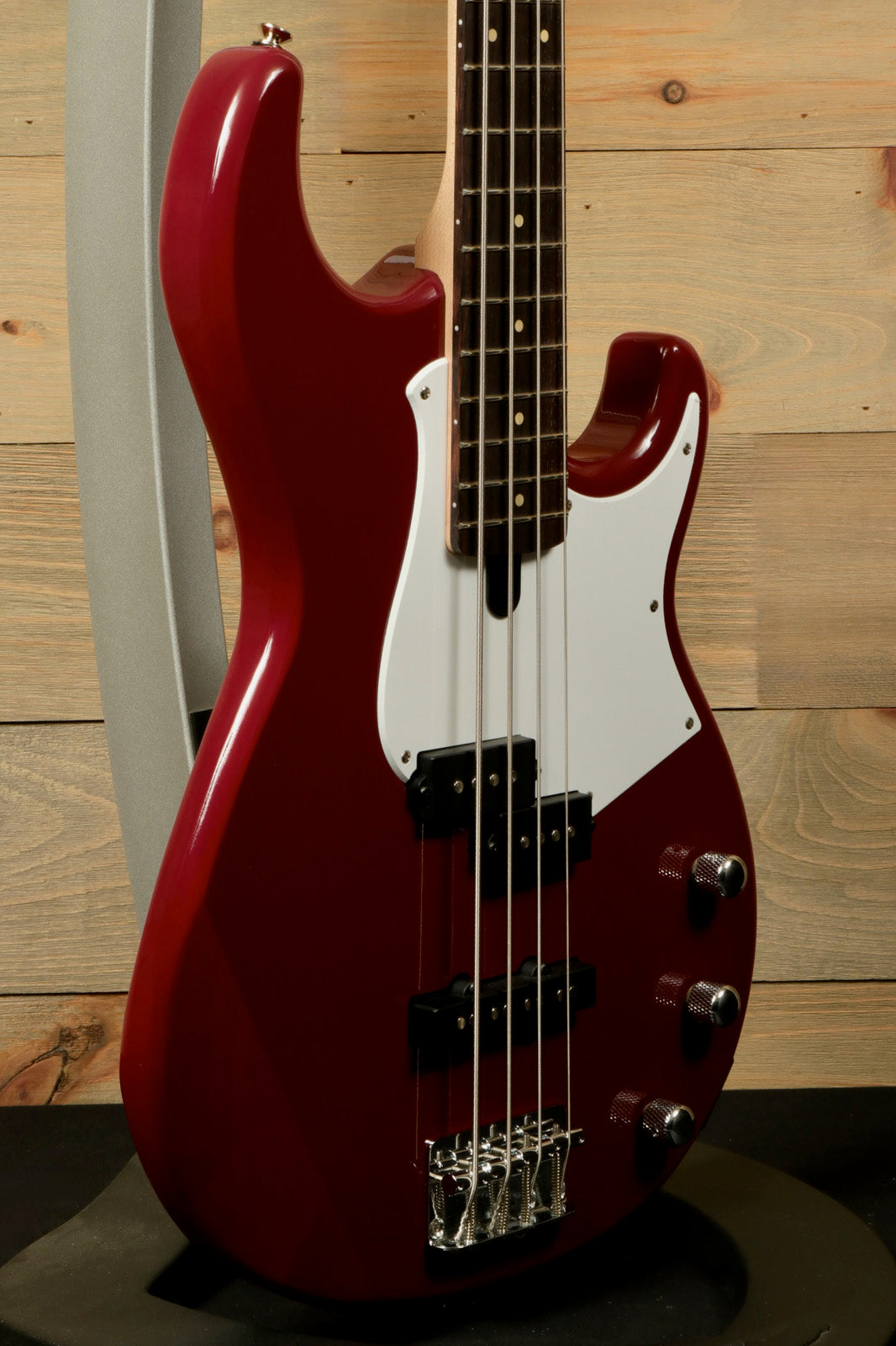 Yamaha BB234 4-String Electric Bass Guitar Raspberry Red, side view with white pickguard