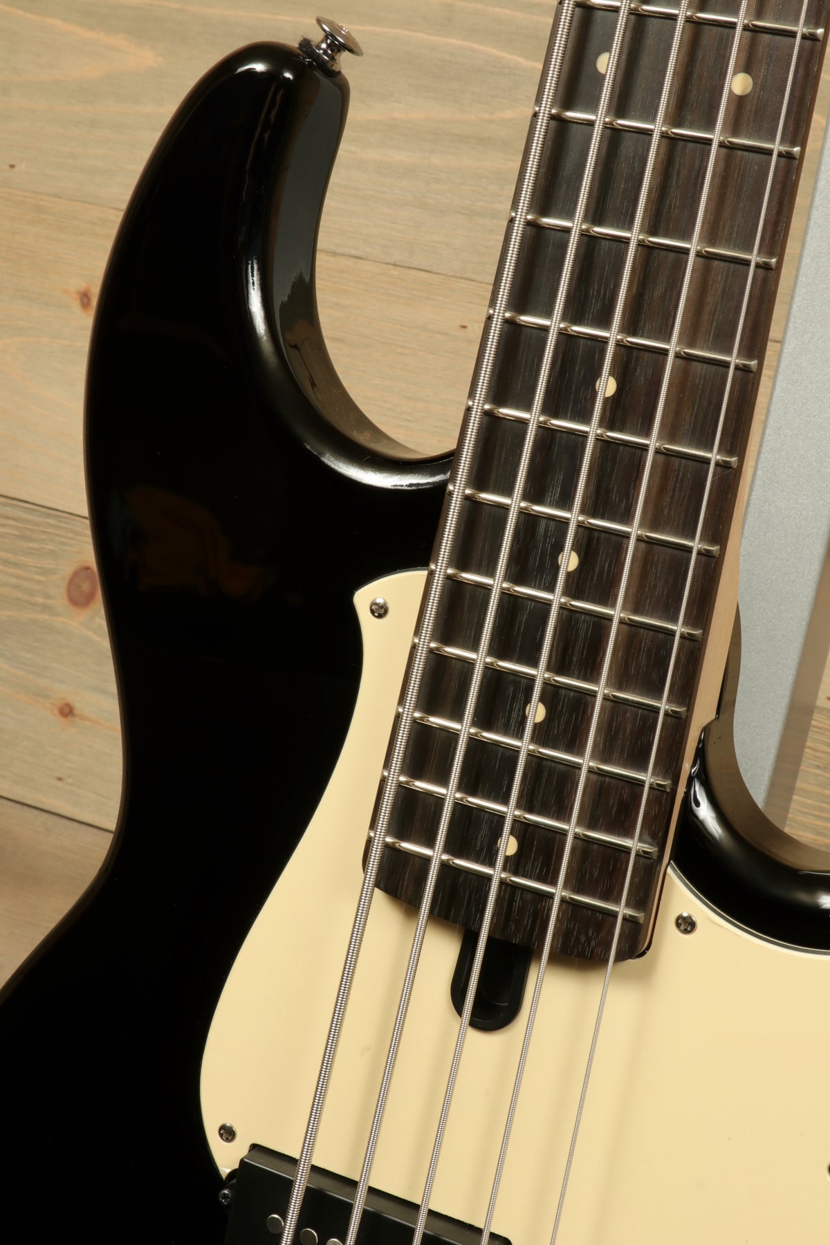 Yamaha BB435 5-String Electric Bass Guitar in black, close-up view of the neck and body