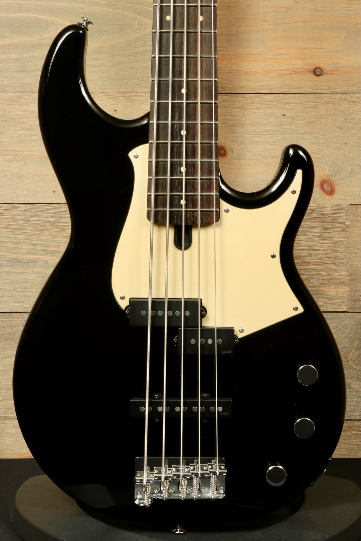Yamaha BB435 5-String Electric Bass Guitar in glossy black, front view showcasing the design and features