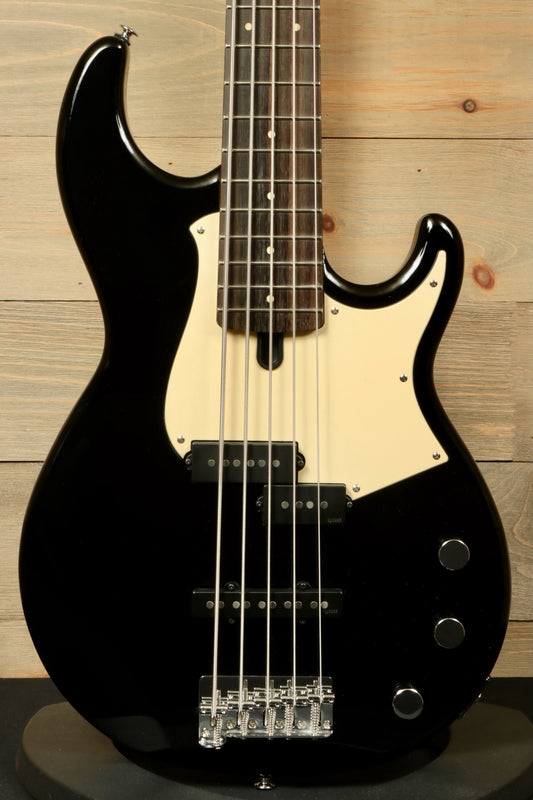 Yamaha BB435 5-String Electric Bass Guitar in glossy black, front view showcasing the design and features