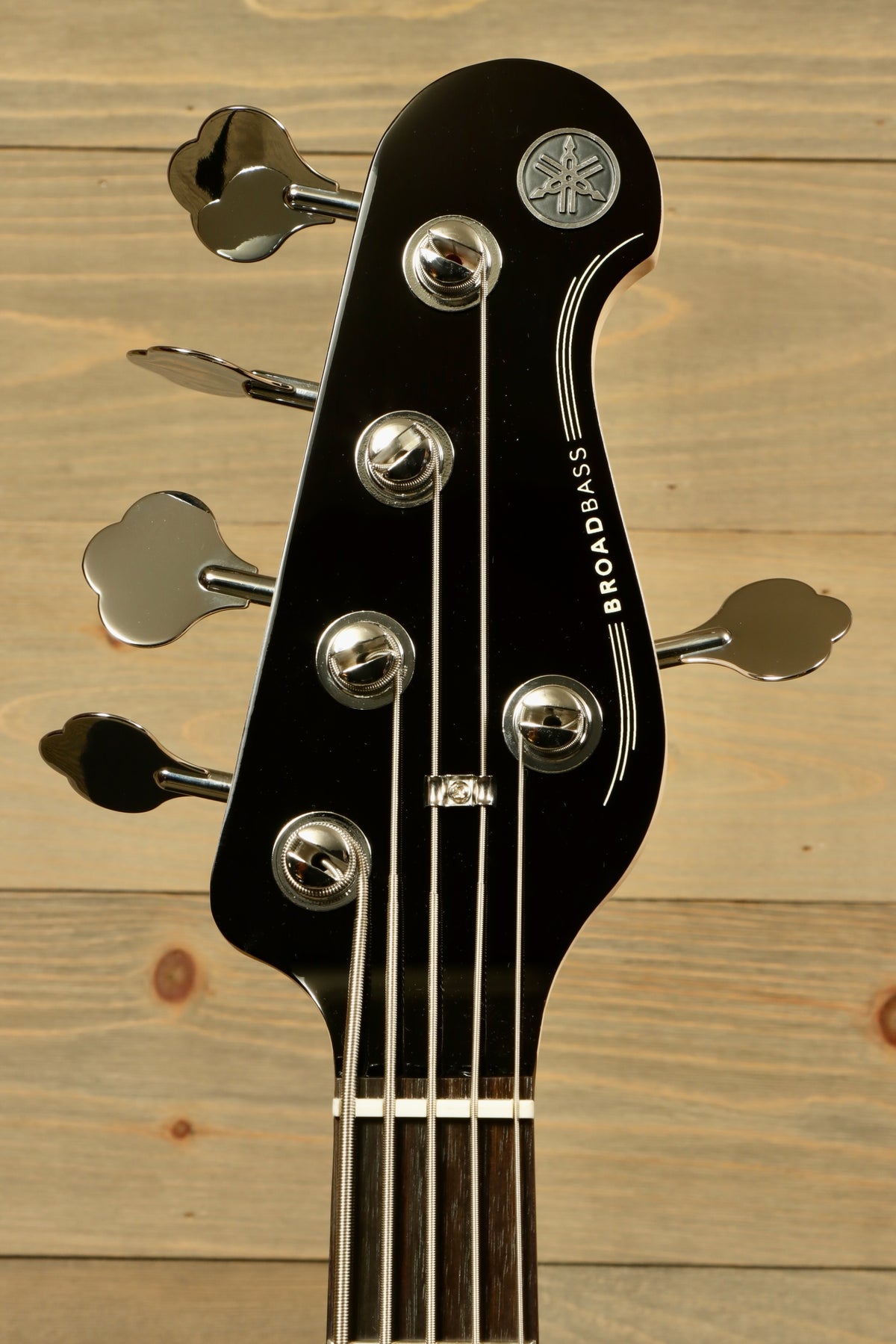 Yamaha BB435 5-String Electric Bass Guitar headstock view with chrome tuners and black finish