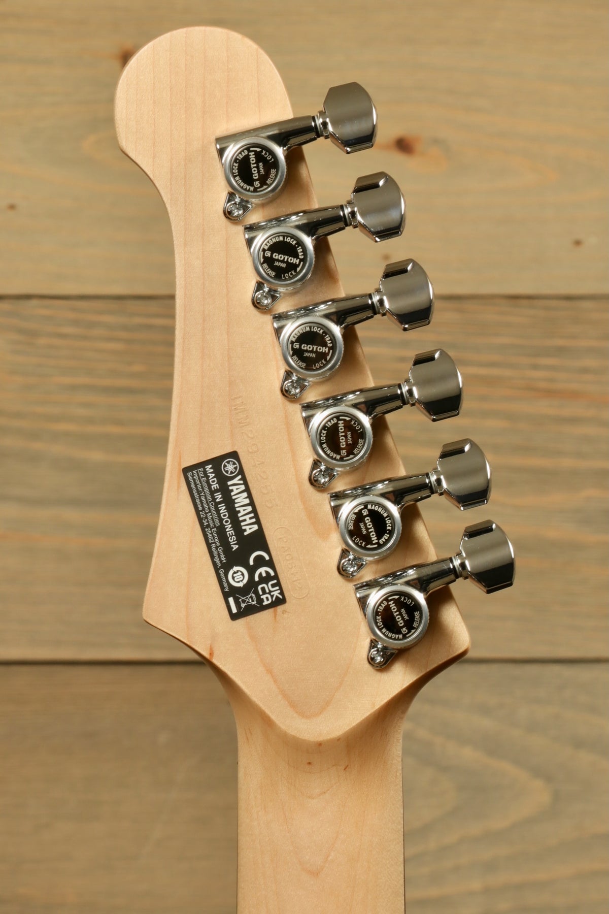 Yamaha Pacifica PACS+12 Standard Plus headstock with chrome tuning pegs, rear view