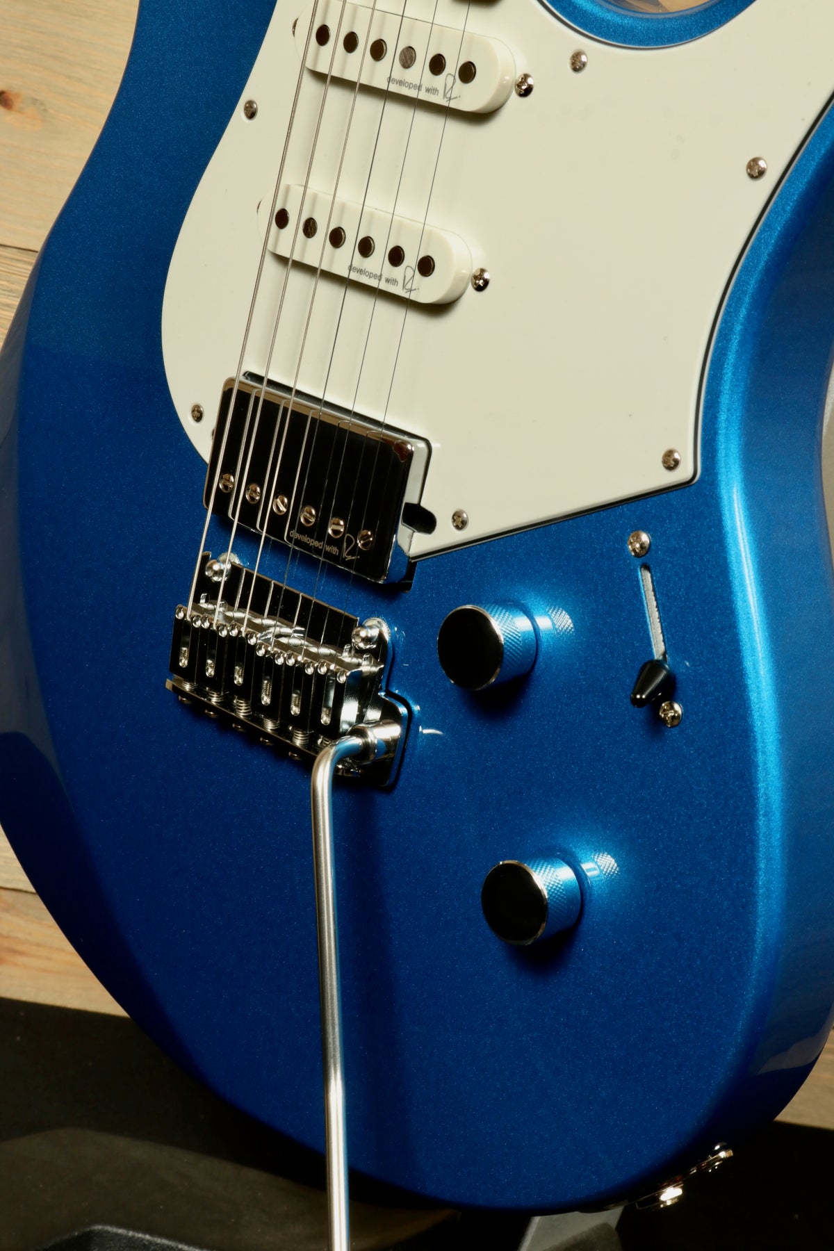 Yamaha Pacifica PACS+12 Standard Plus electric guitar in glossy blue, front view showcasing body and controls