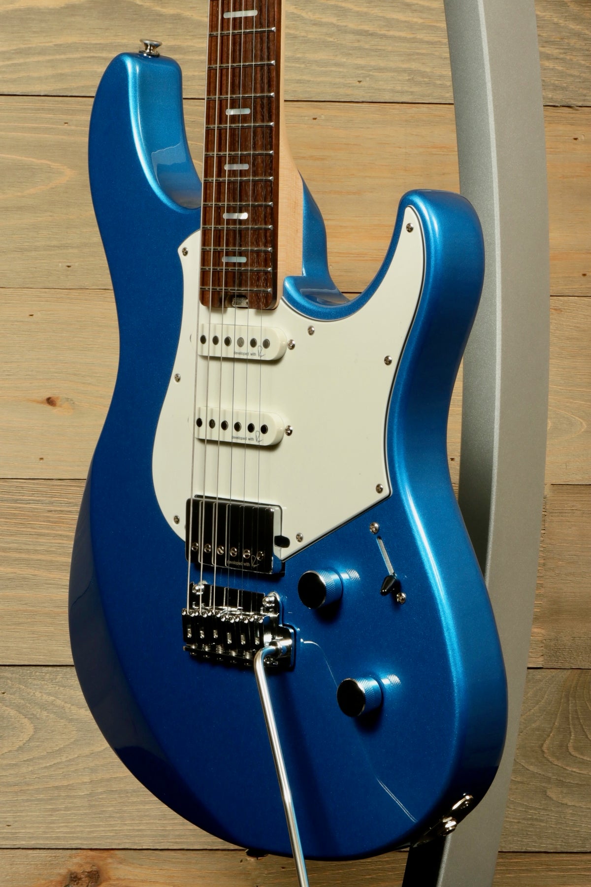 Yamaha Pacifica PACS+12 Standard Plus electric guitar in metallic blue, side view