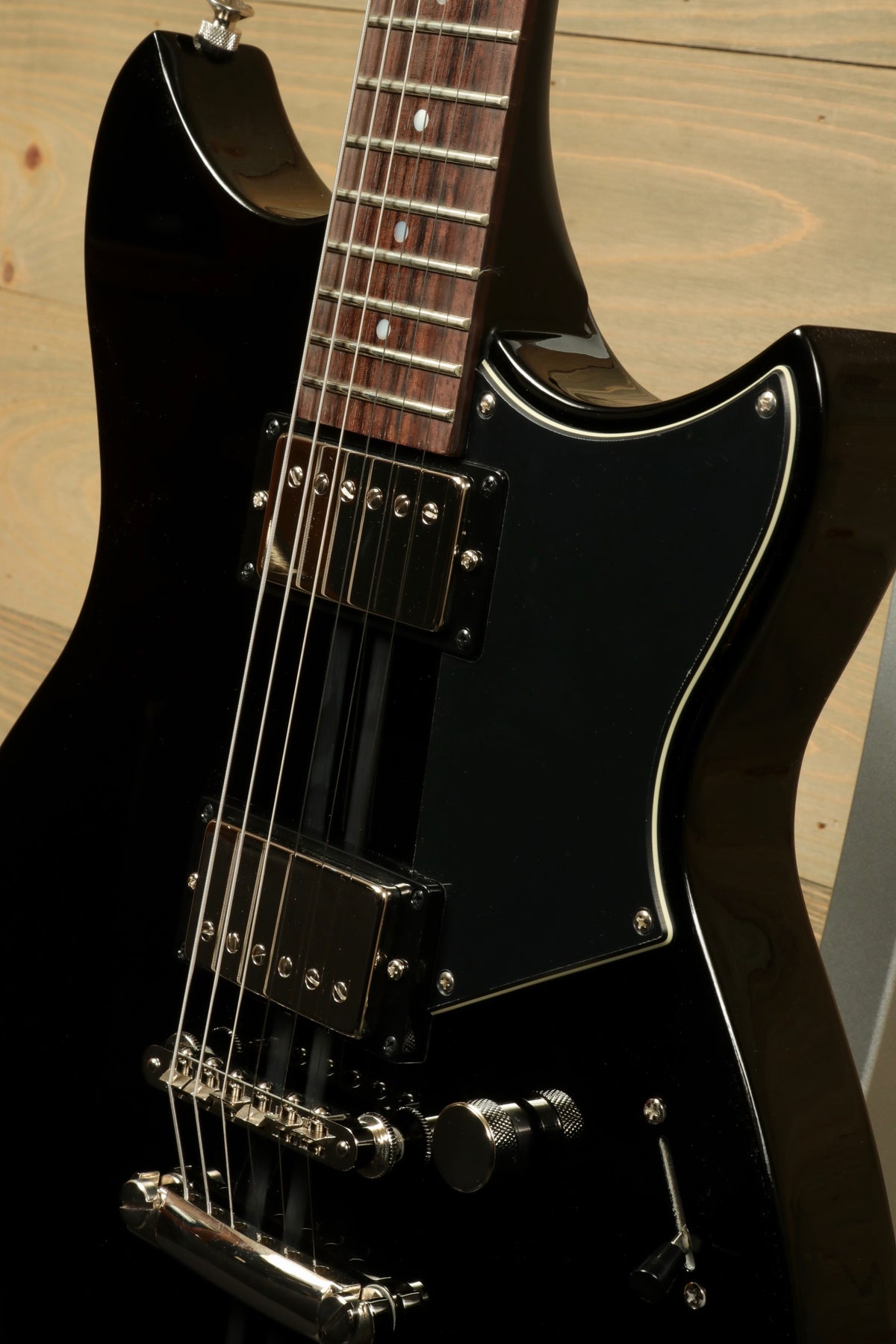 Yamaha Revstar Element RSE20 Electric Guitar Black, close-up view of the body and neck